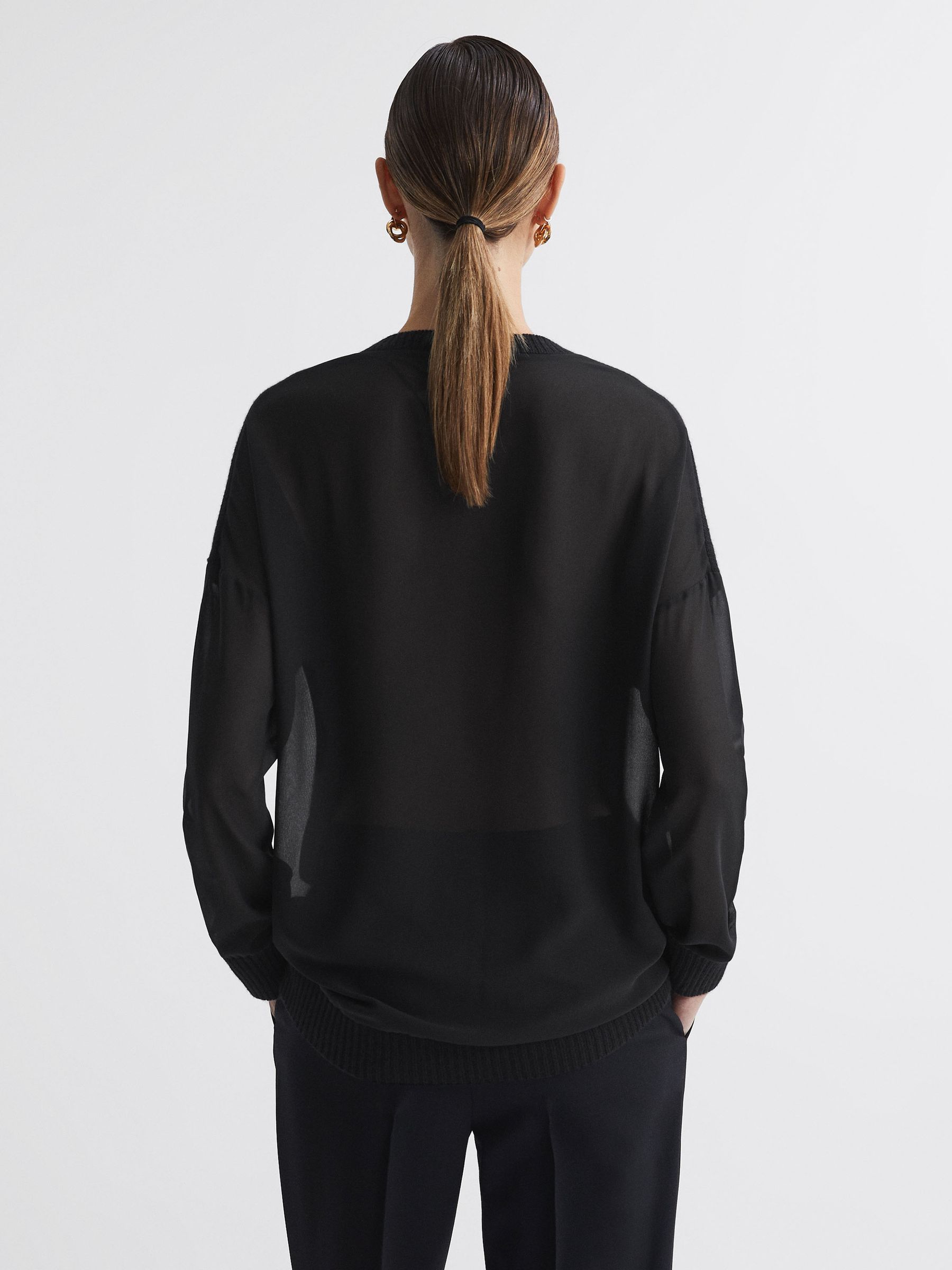 Hybrid Knit and Sheer V-Neck Jumper in Black - Image 5 of 6