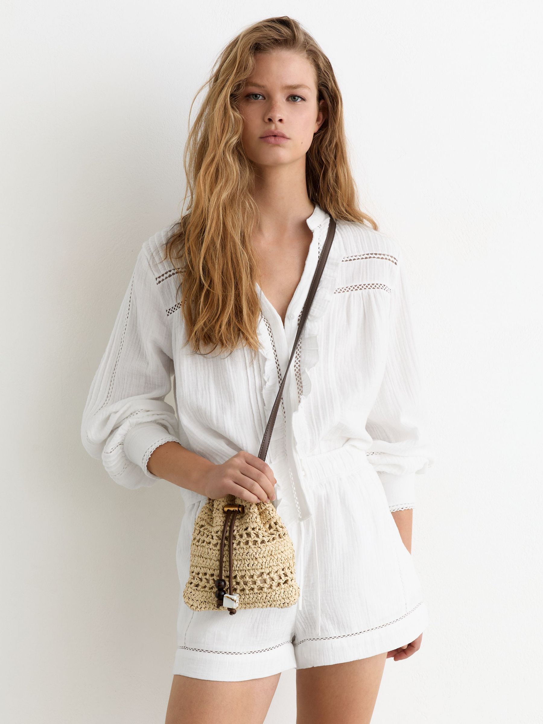 Cotton Cheesecloth Stitch-Detail Shorts in White - Image 1 of 6