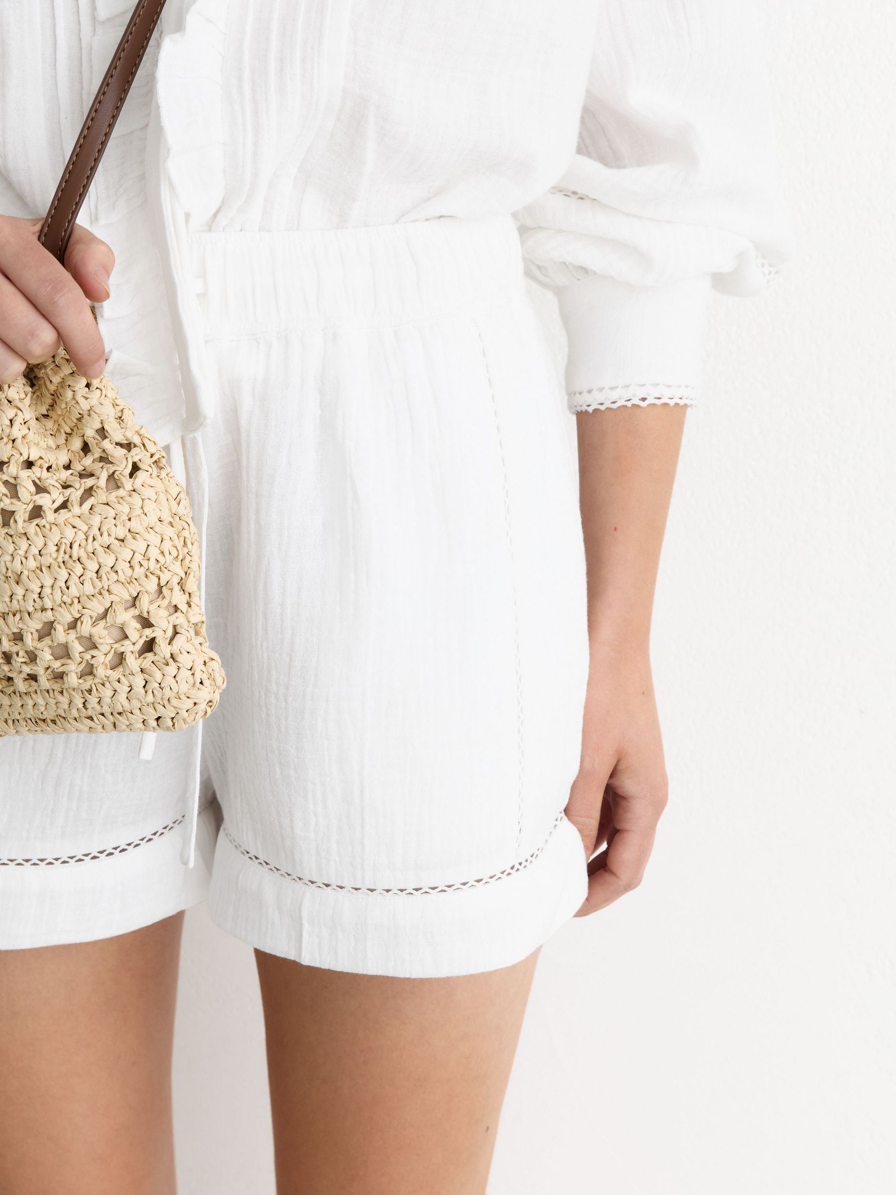 Cotton Cheesecloth Stitch-Detail Shorts in White - Image 5 of 6