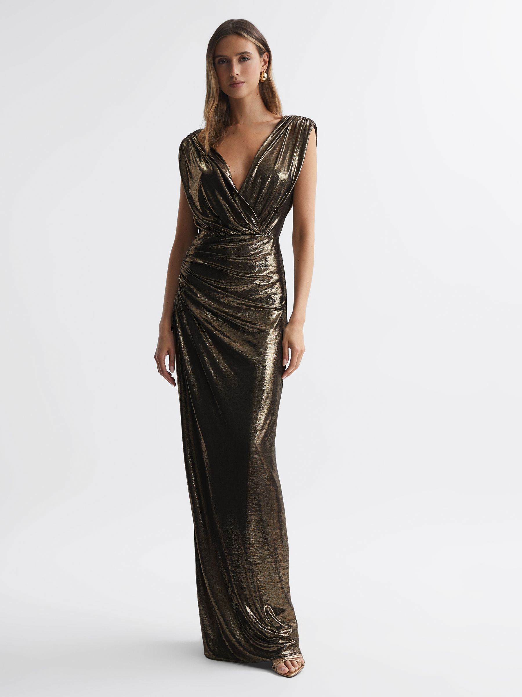Halston Metallic Front Slip Maxi Dress in Antique Gold - Image 1 of 6