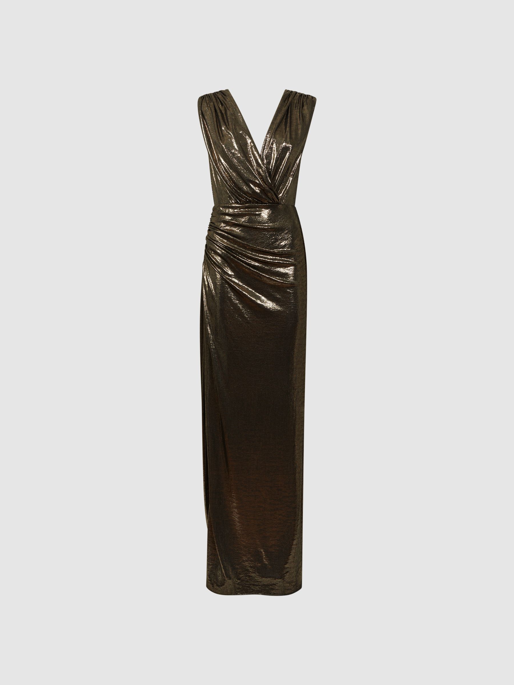 Halston Metallic Front Slip Maxi Dress in Antique Gold - Image 2 of 6