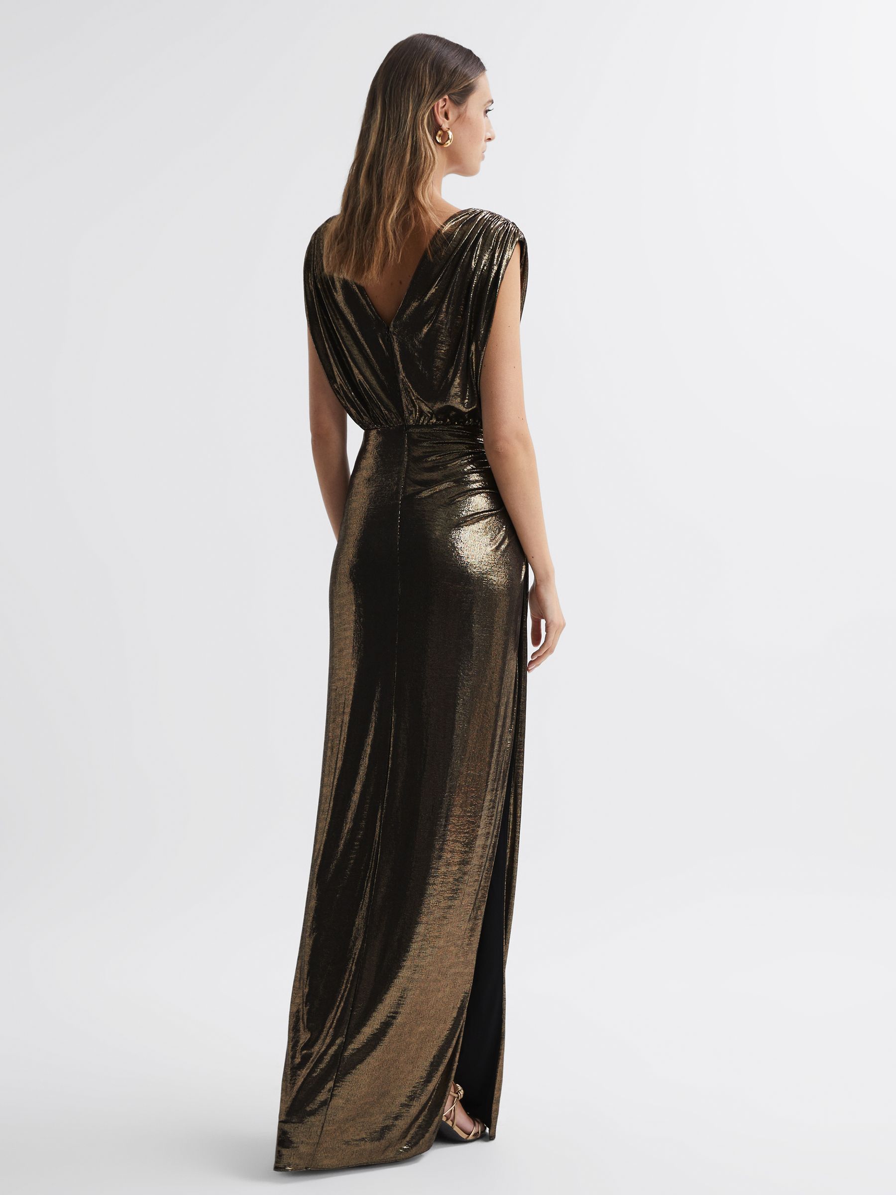 Halston Metallic Front Slip Maxi Dress in Antique Gold - Image 4 of 6