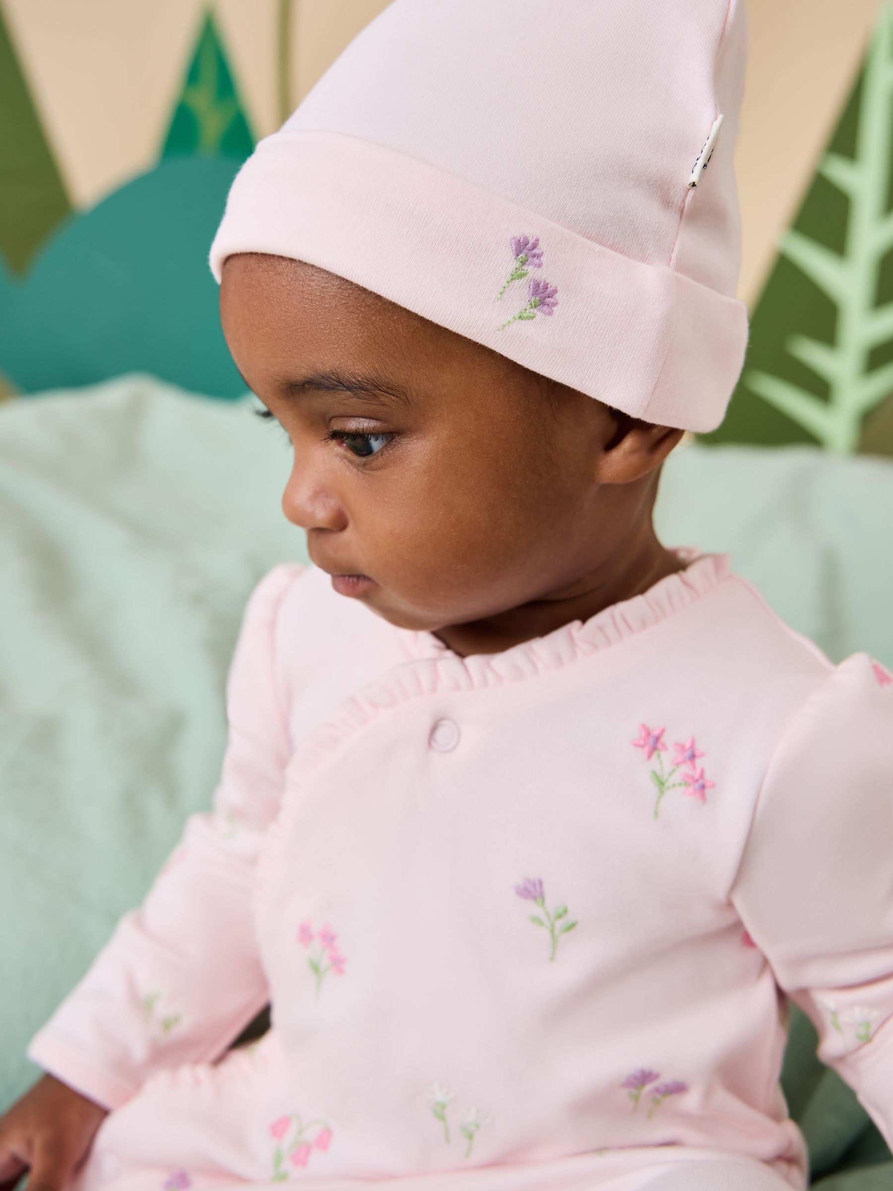 Pink Floral Embroidered Wrapover Sleepsuit & Hat Set - Image 1 of 3