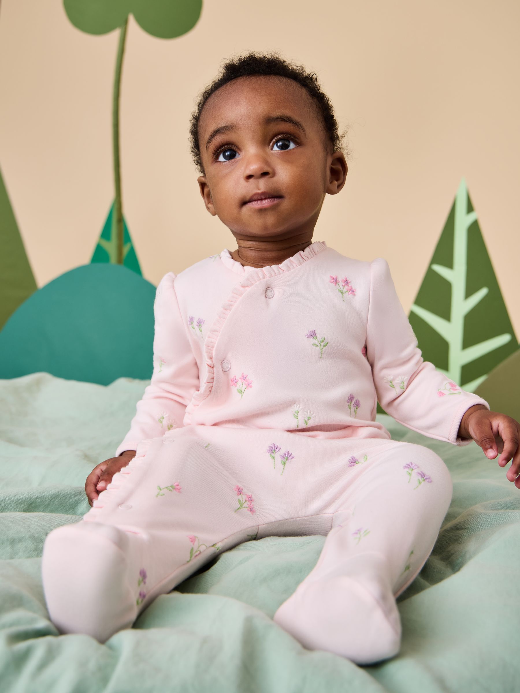 Pink Floral Embroidered Wrapover Sleepsuit & Hat Set - Image 2 of 3