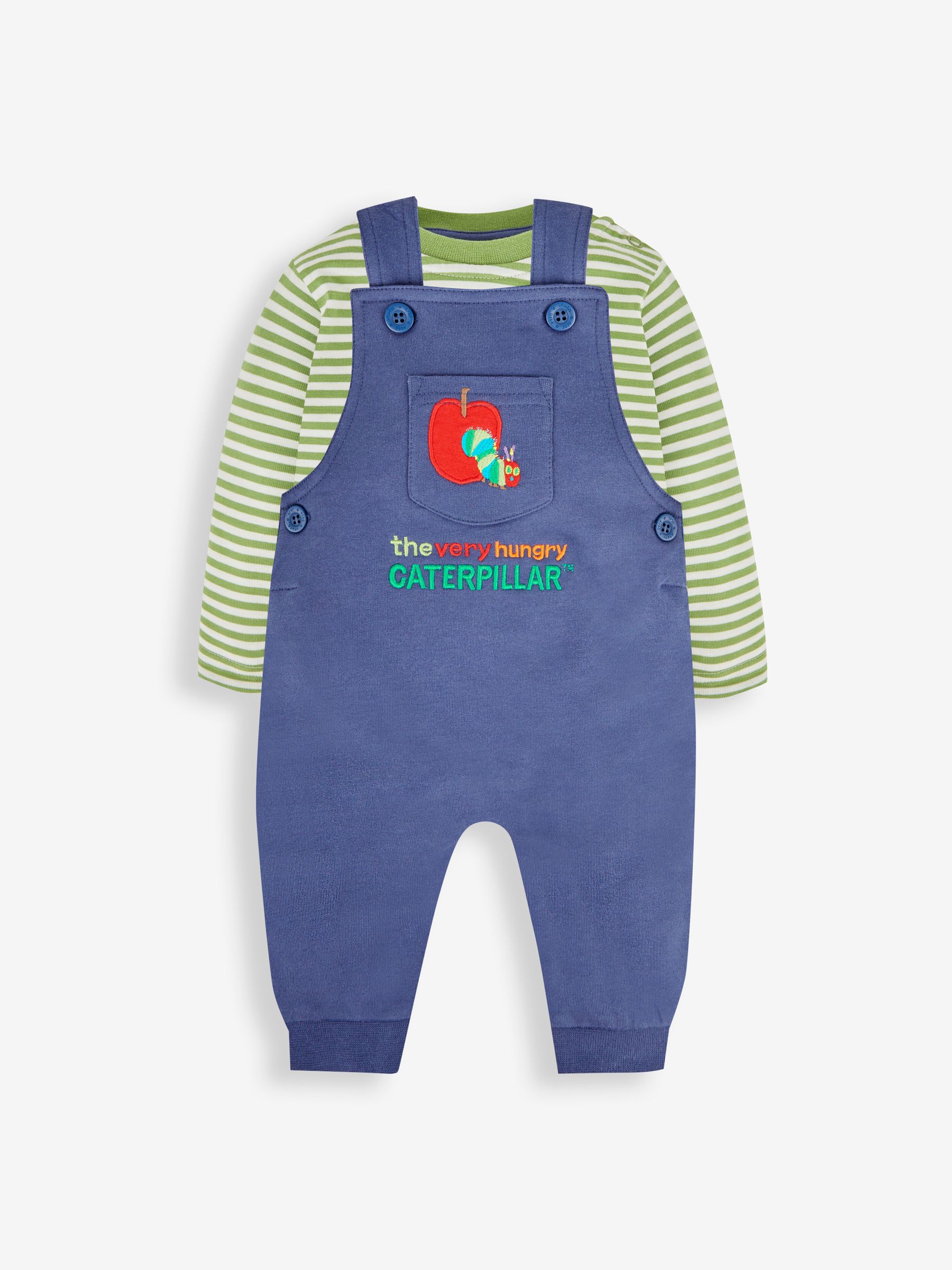 Indigo The Very Hungry Caterpillar Appliqué Dungarees & Stripe Top - Image 1 of 5