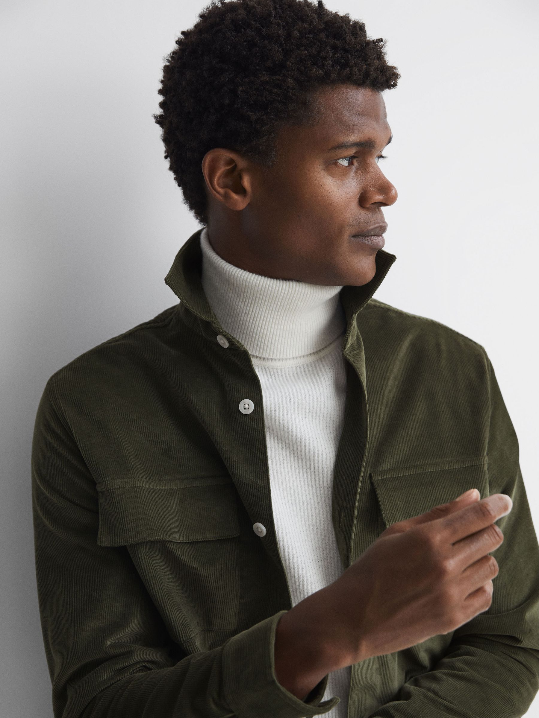 Corduroy Button-Through Overshirt in Kale - Image 3 of 5