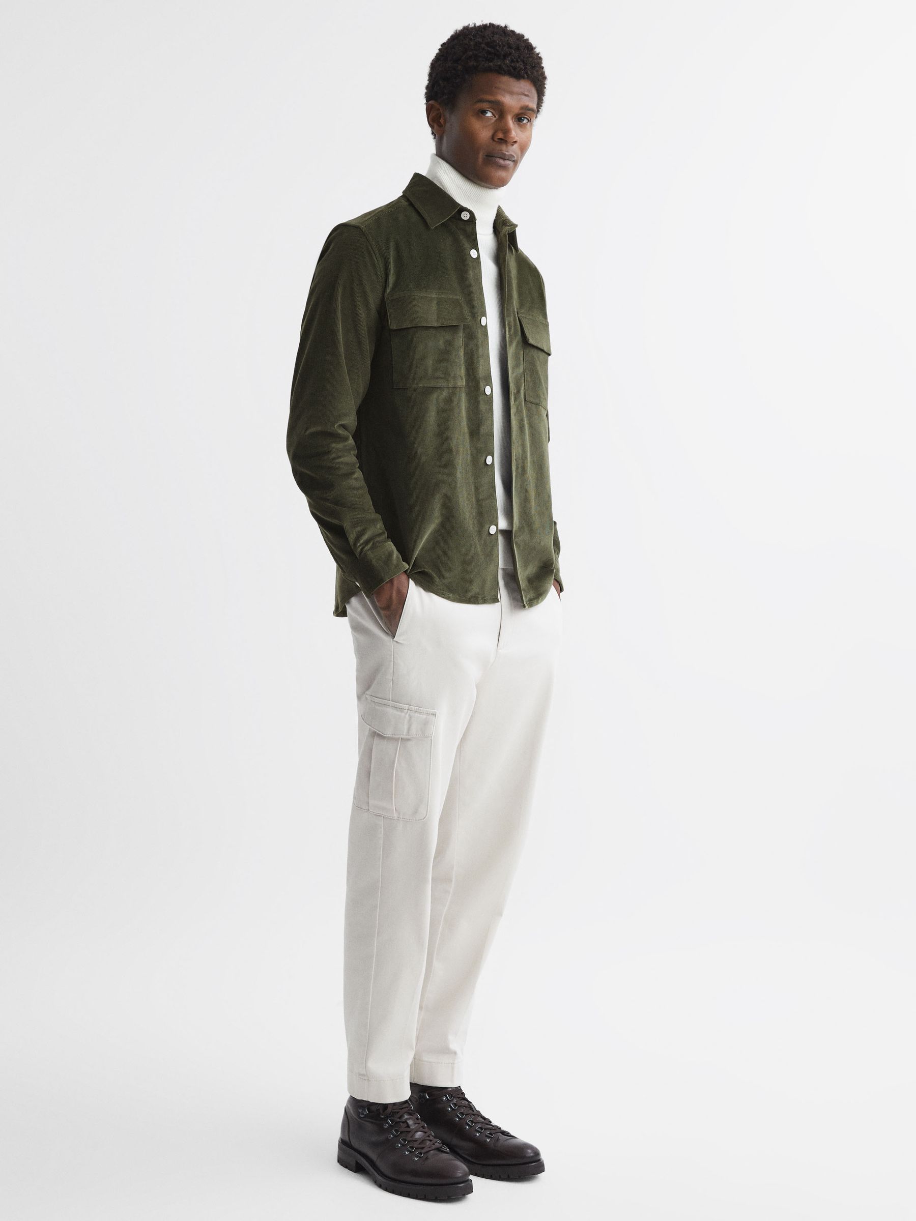 Corduroy Button-Through Overshirt in Kale - Image 4 of 5