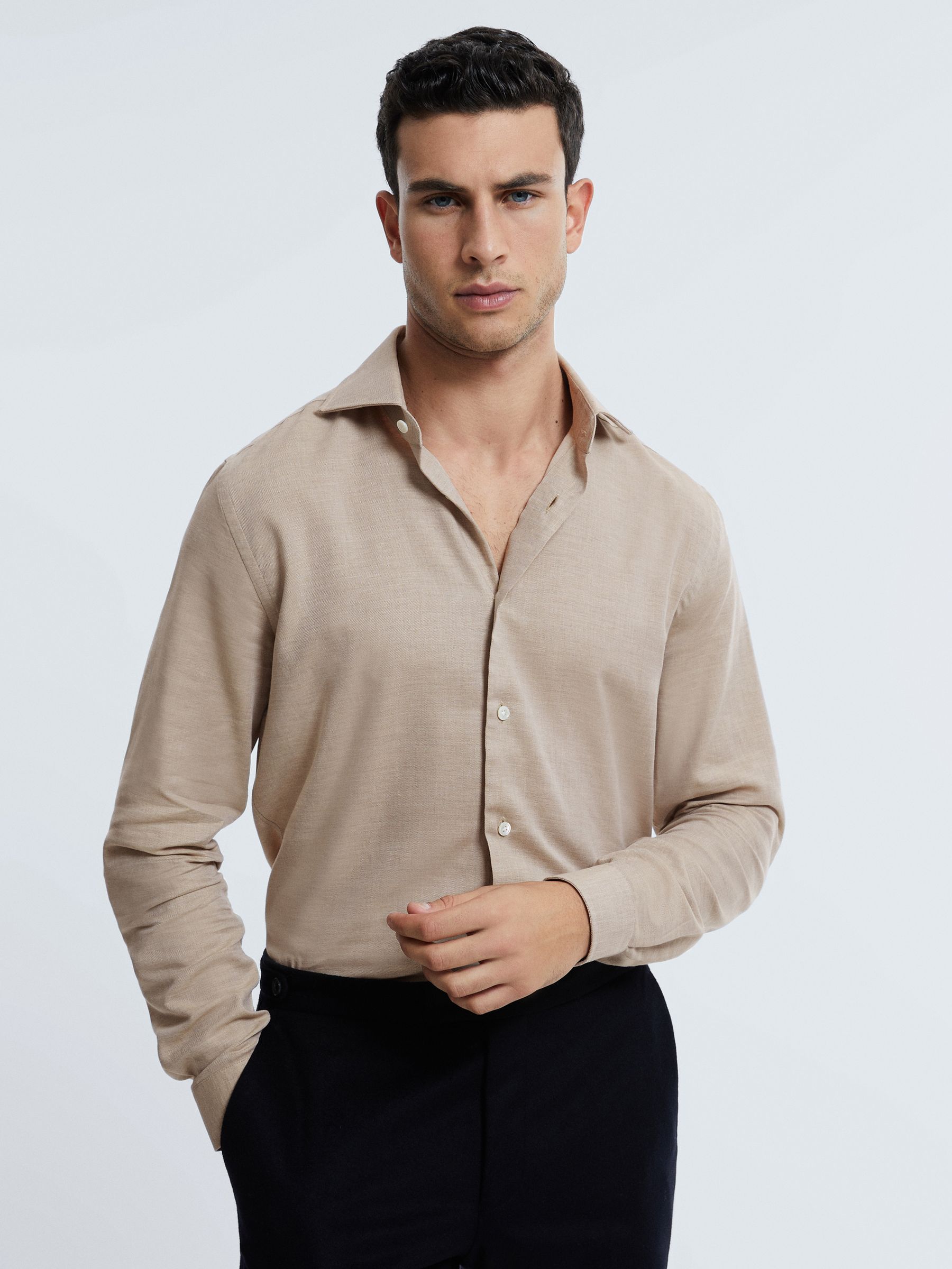 Atelier Italian Cotton Cashmere Shirt in Taupe - Image 1 of 6