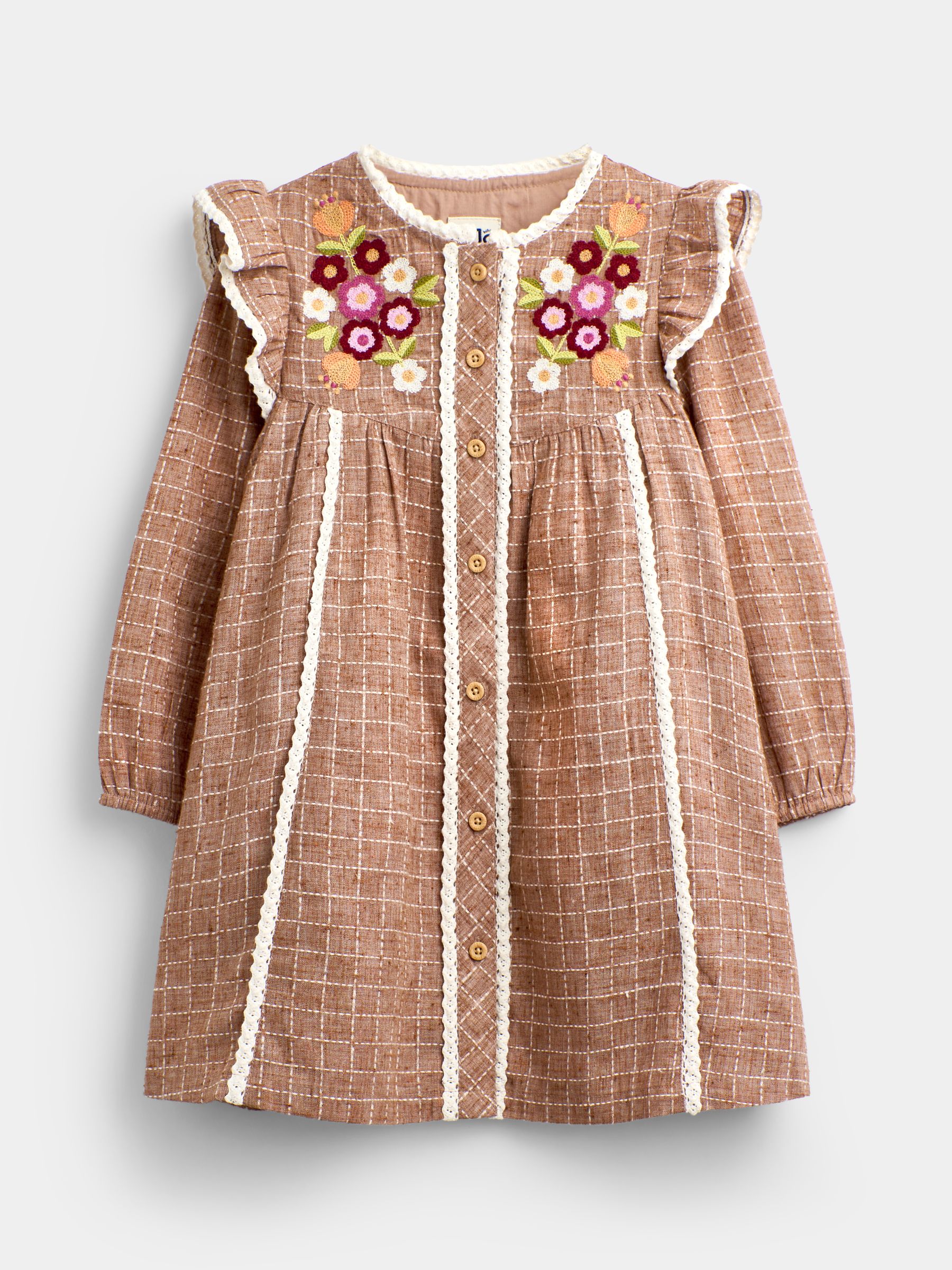 Natural Beige Check Floral Embroidered Dress - Image 1 of 4