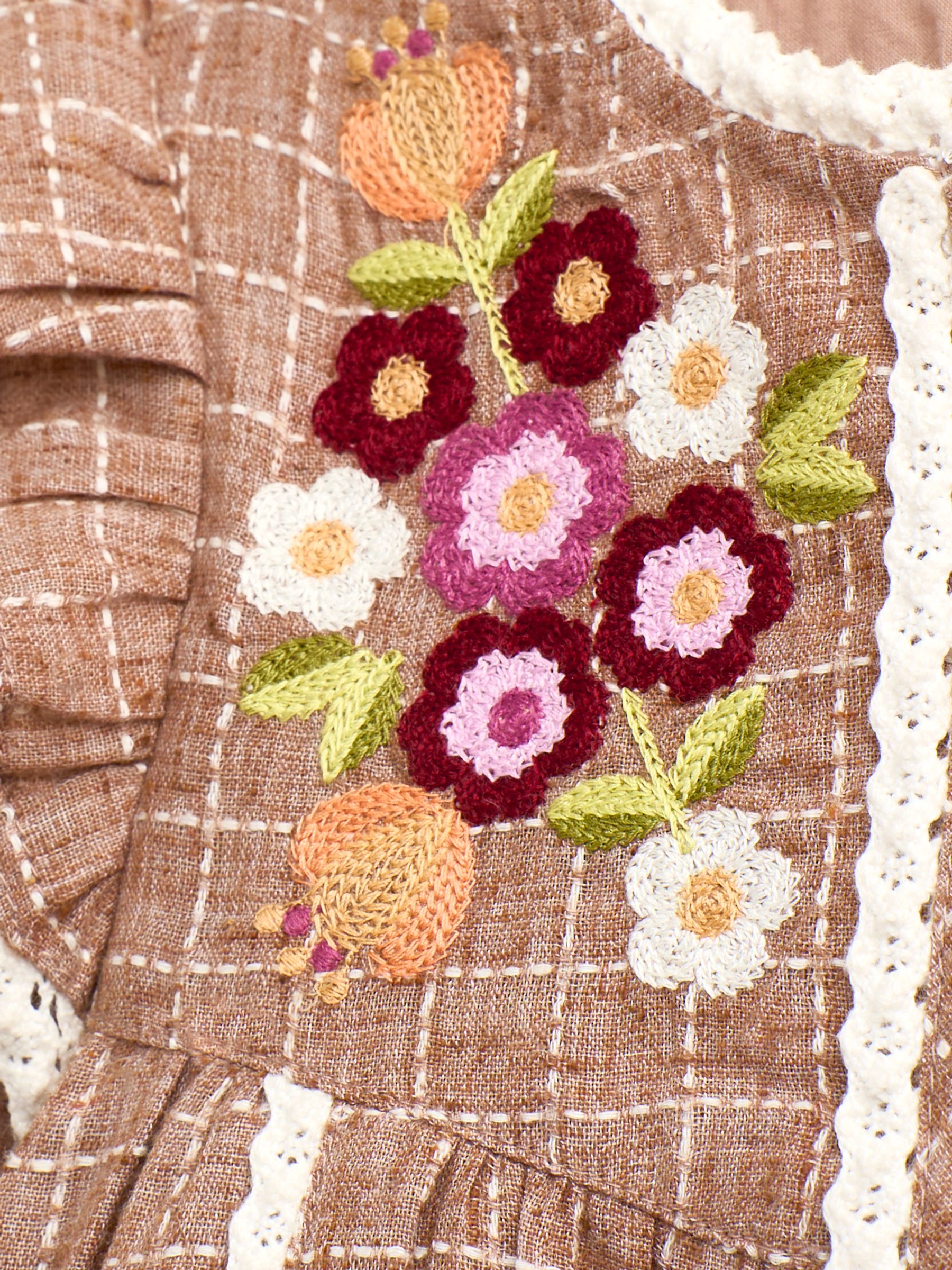 Natural Beige Check Floral Embroidered Dress - Image 3 of 4