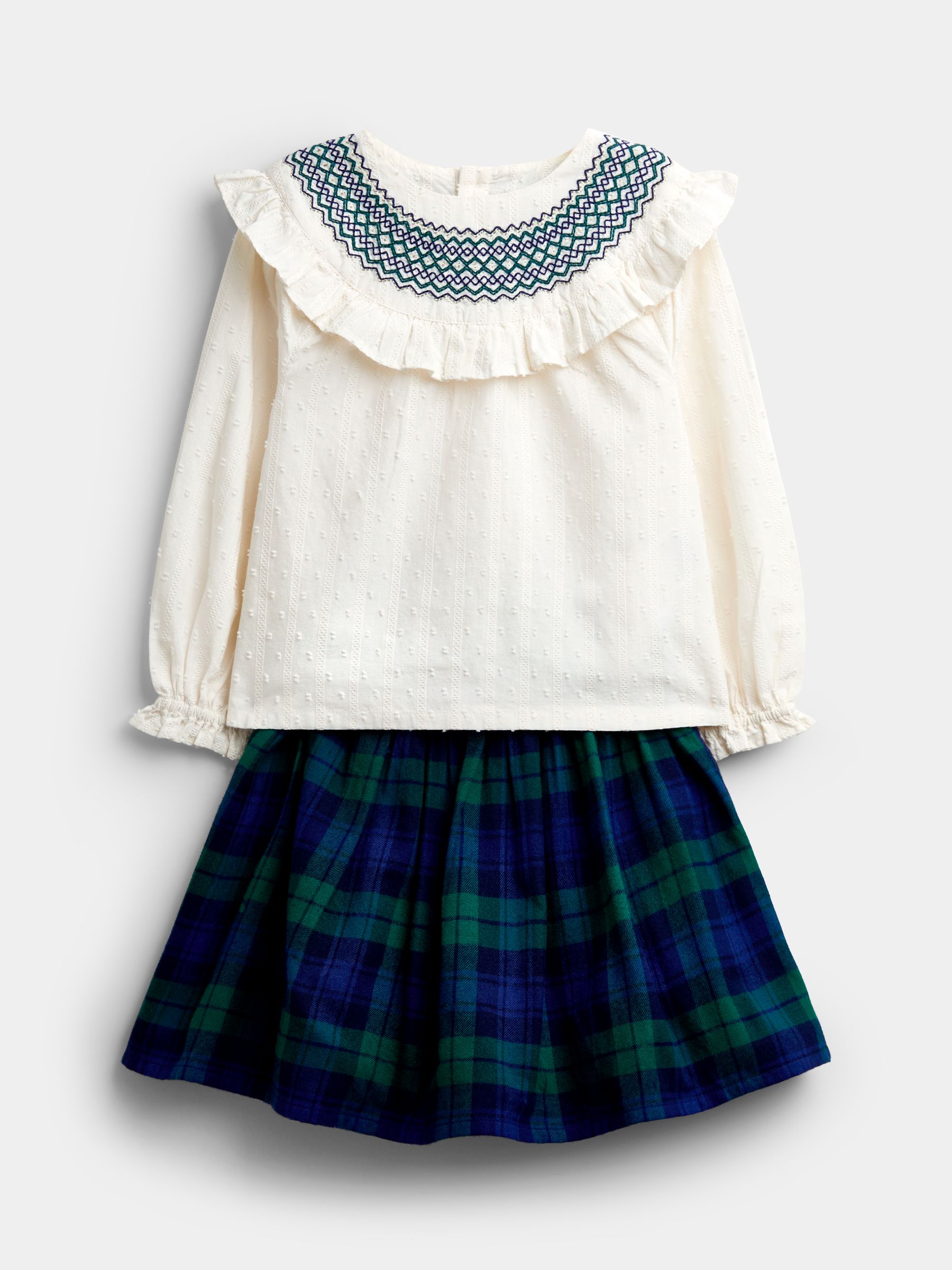 Navy Blue Tartan Skirt & Embroidered Blouse Set - Image 1 of 7 Navy Blue Tartan Skirt & Embroidered Blouse Set - Image 1 of 7