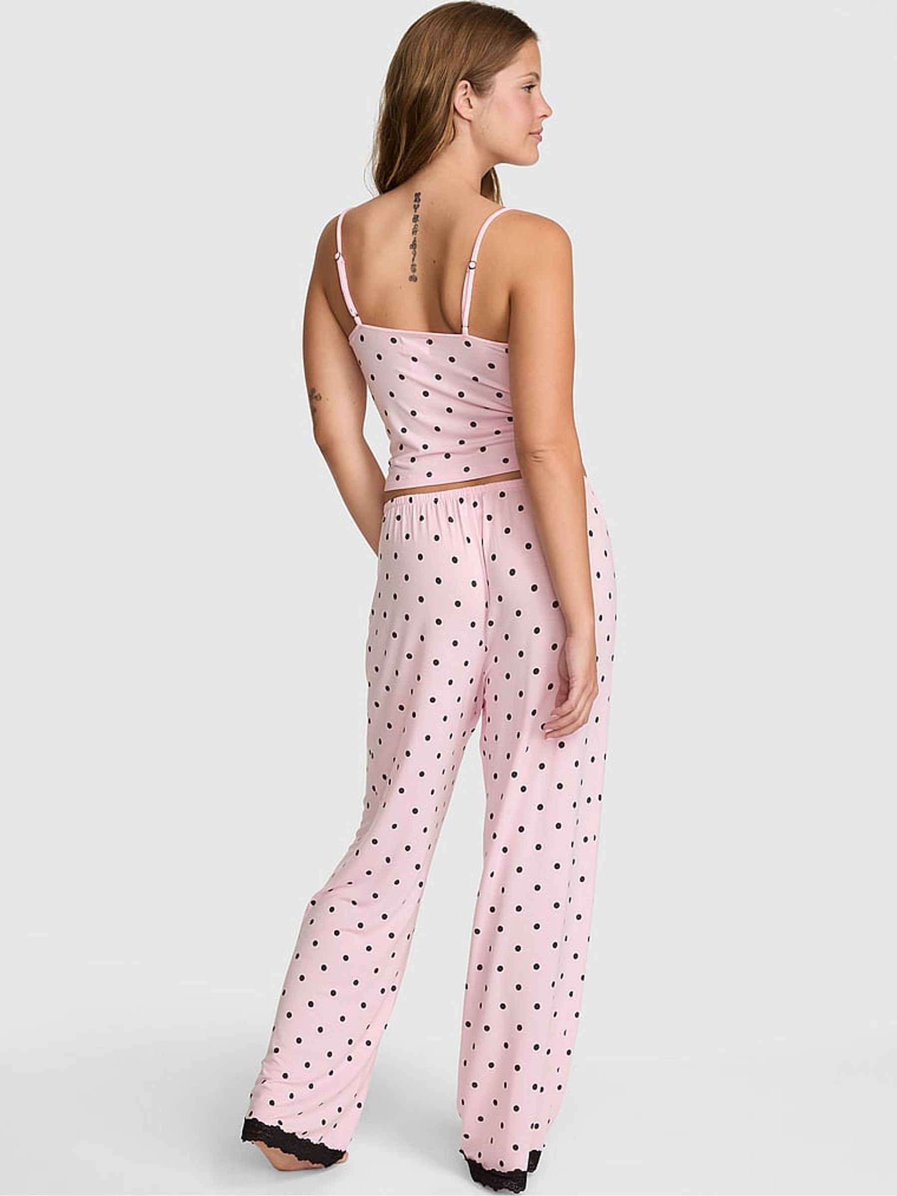 Pink Polka Dot Print Long Modal Lace Trim Pyjama Set - Image 2 of 2