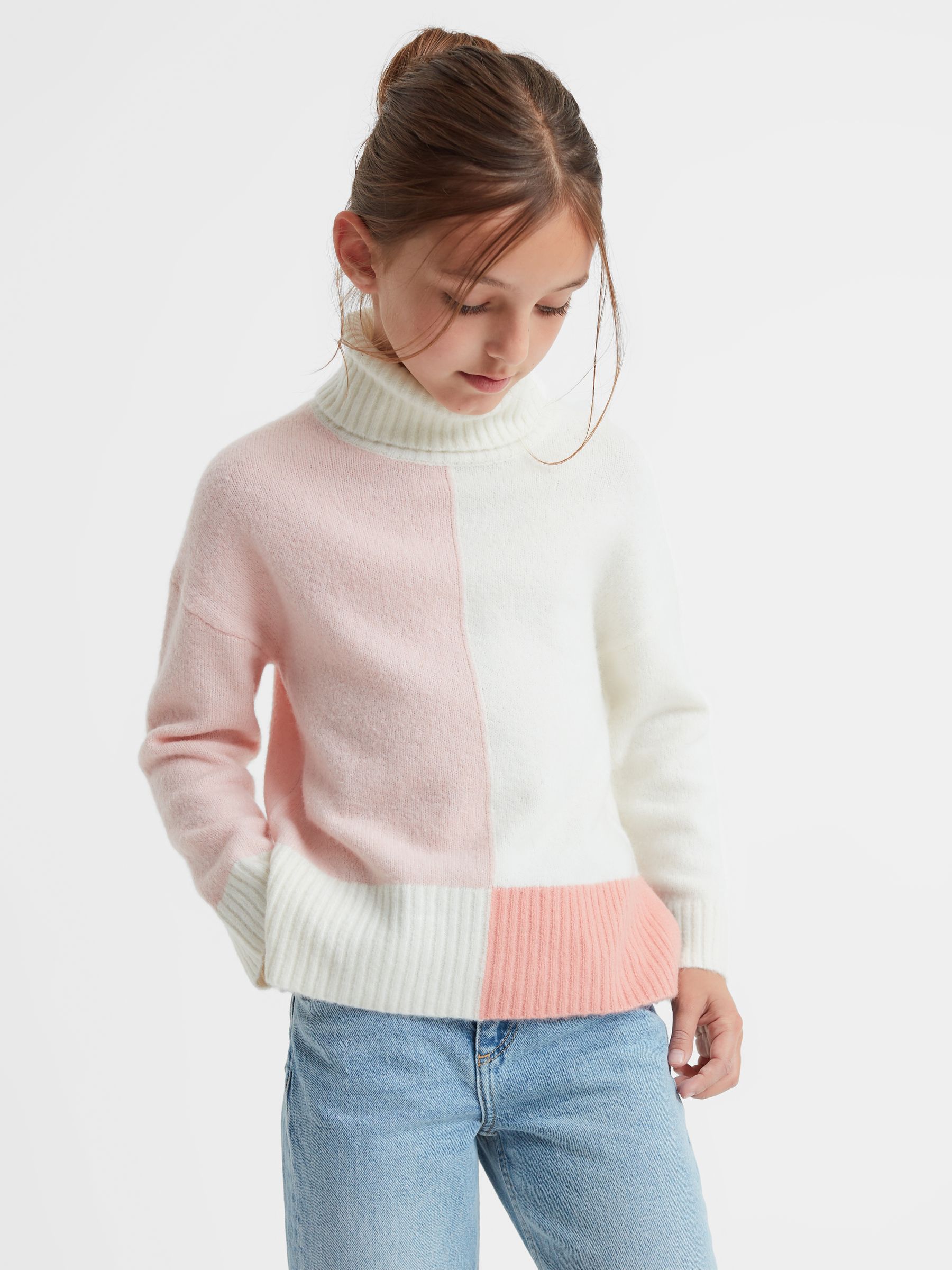 4-9 yrs Knitted Colourblock Roll Neck Jumper in Ivory - Image 1 of 6