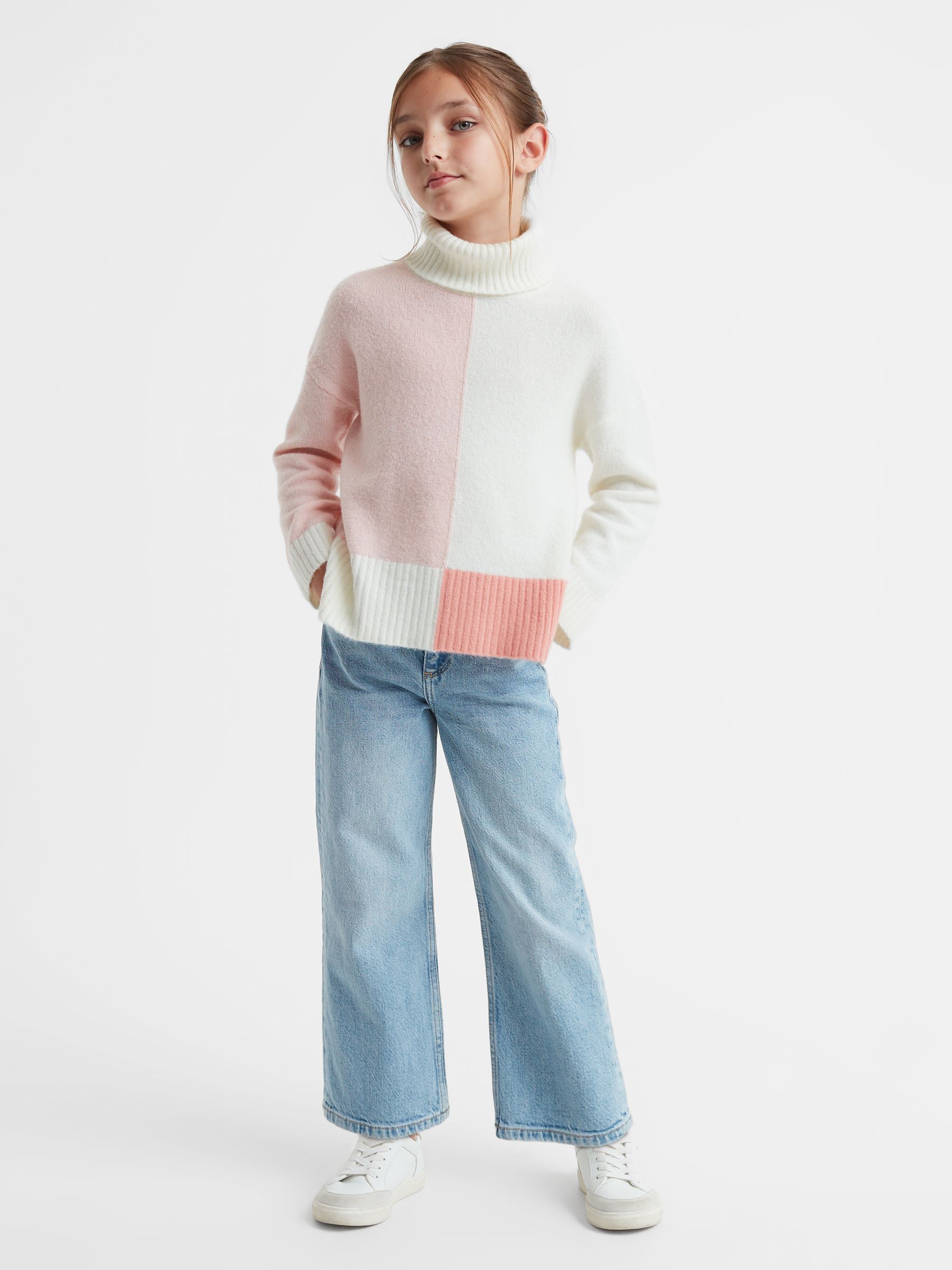 4-9 yrs Knitted Colourblock Roll Neck Jumper in Ivory - Image 3 of 6