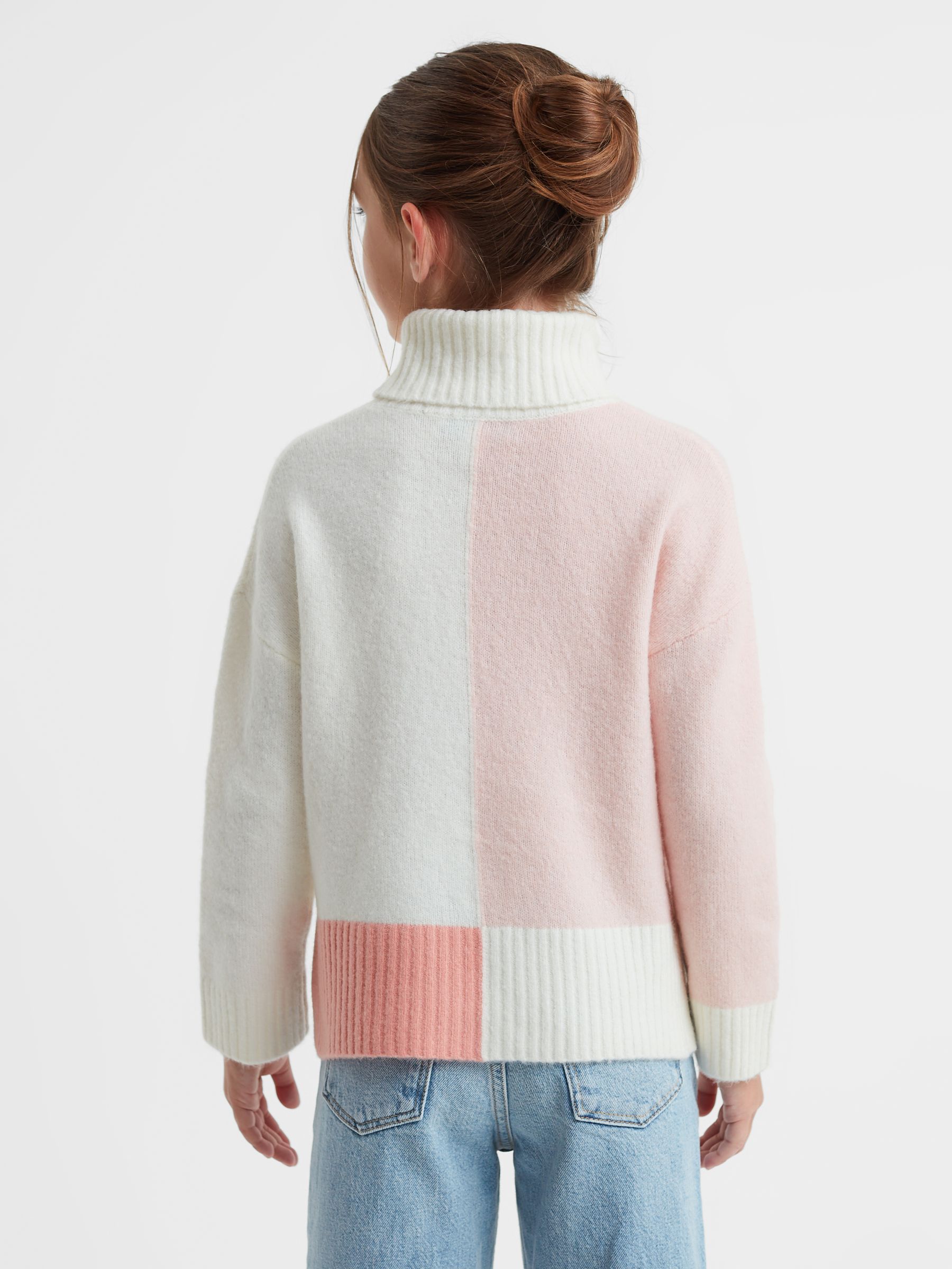 4-9 yrs Knitted Colourblock Roll Neck Jumper in Ivory - Image 5 of 6