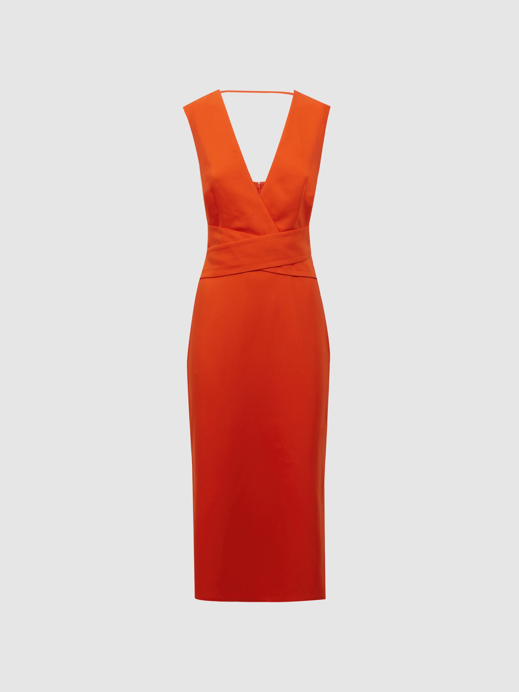 Fitted Wrap Design Midi Dress in Orange - Image 2 of 4