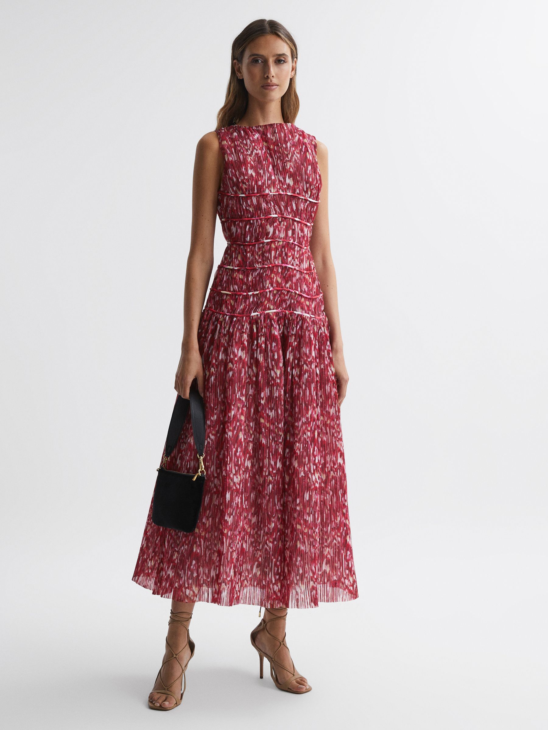 Rachel Gilbert Floral Pleated Midi Dress in Red Print - Image 1 of 5 Rachel Gilbert Floral Pleated Midi Dress in Red Print - Image 1 of 5