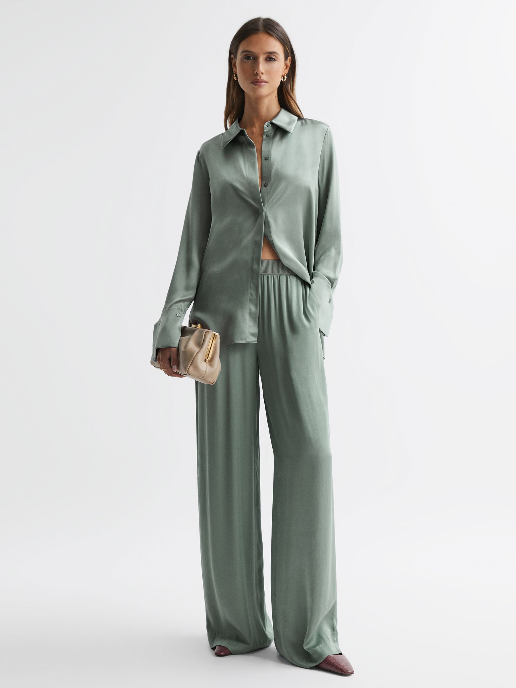 Wide Leg Elasticated Waist Trousers in Sage - Image 1 of 5