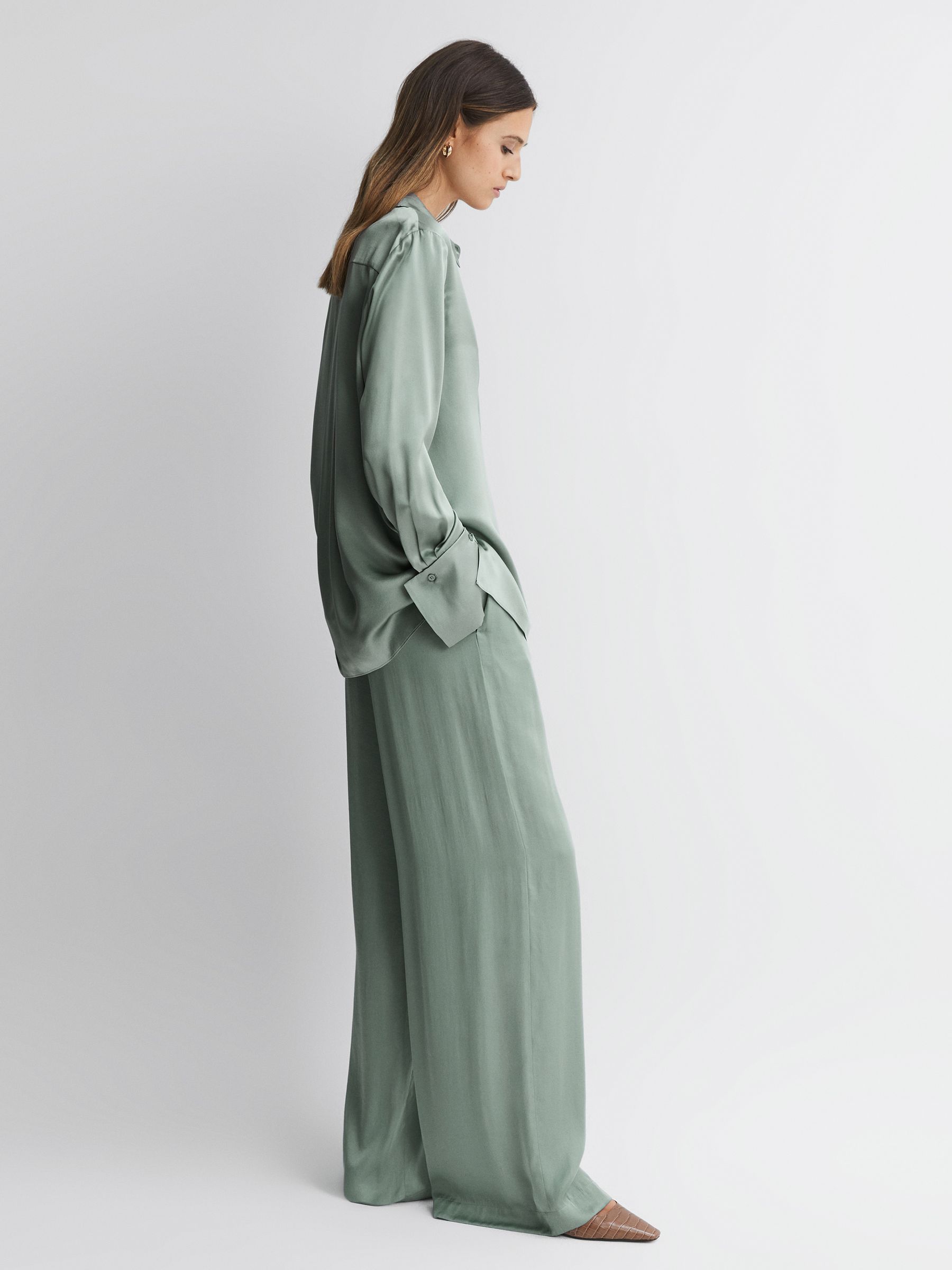 Wide Leg Elasticated Waist Trousers in Sage - Image 4 of 5