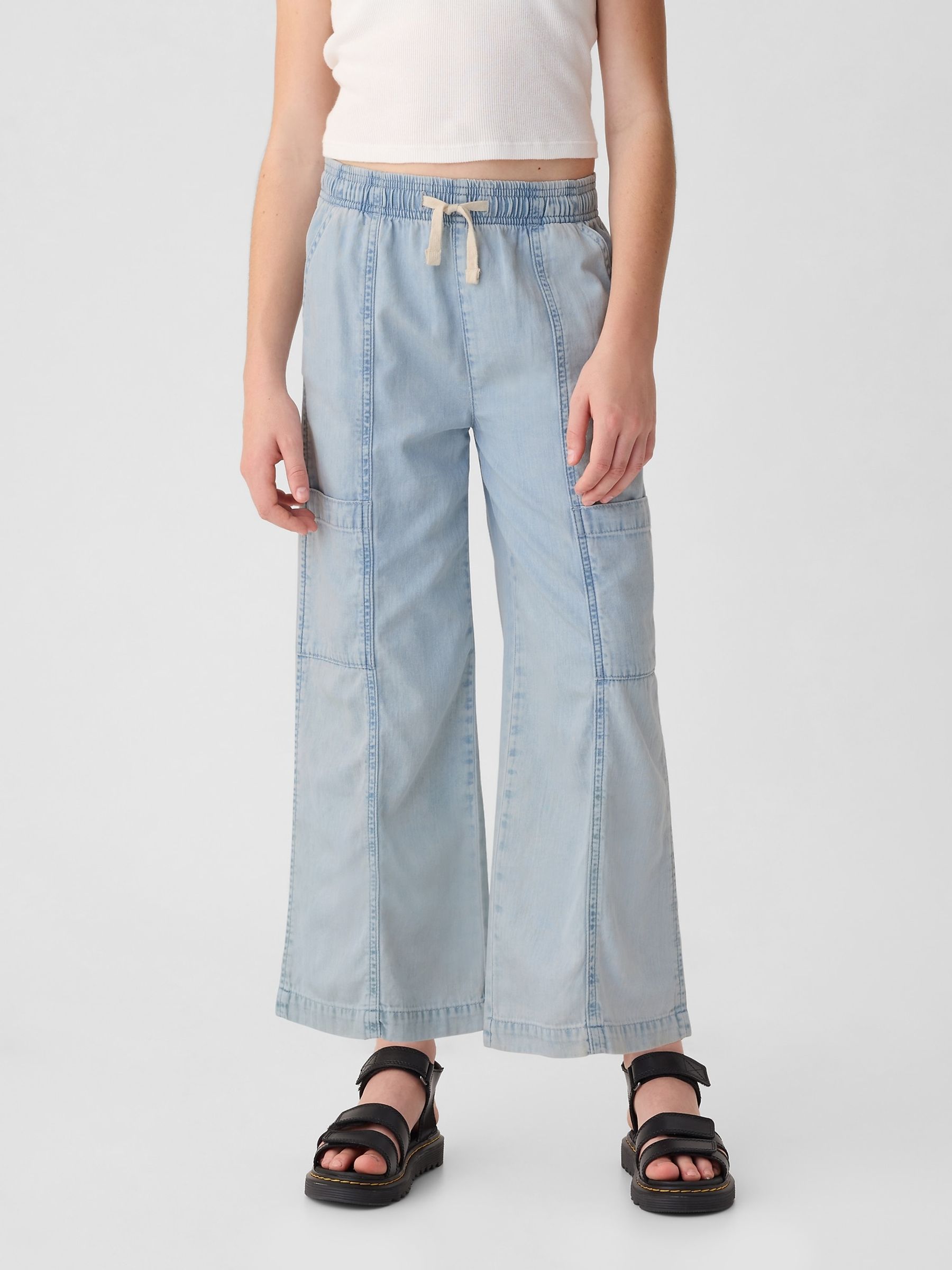 Light Blue Cotton High Waisted Pull On Denim Cargo Jeans - Image 2 of 5