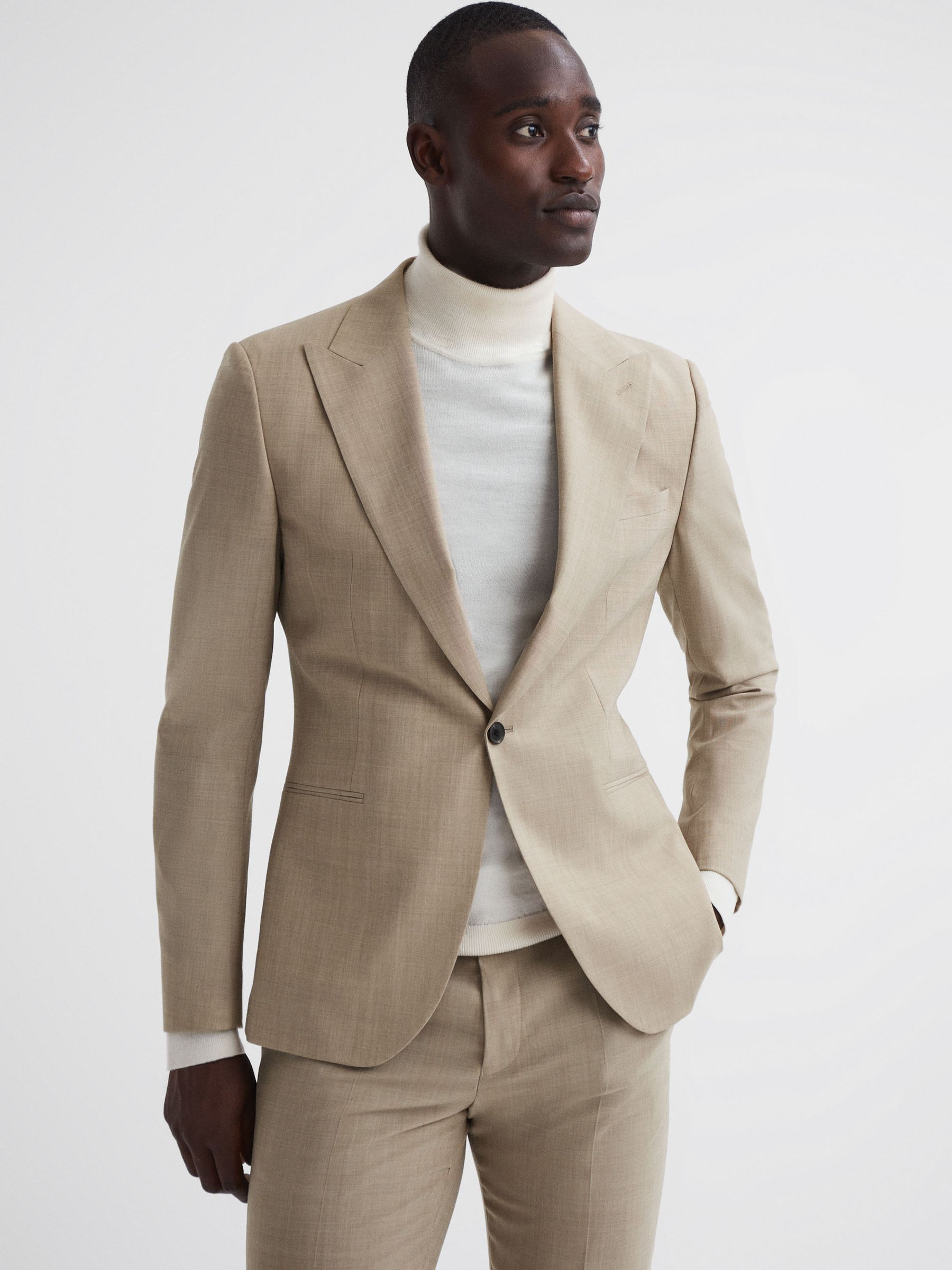 Slim Fit Single Breasted Wool Blend Blazer in Oatmeal - Image 1 of 7