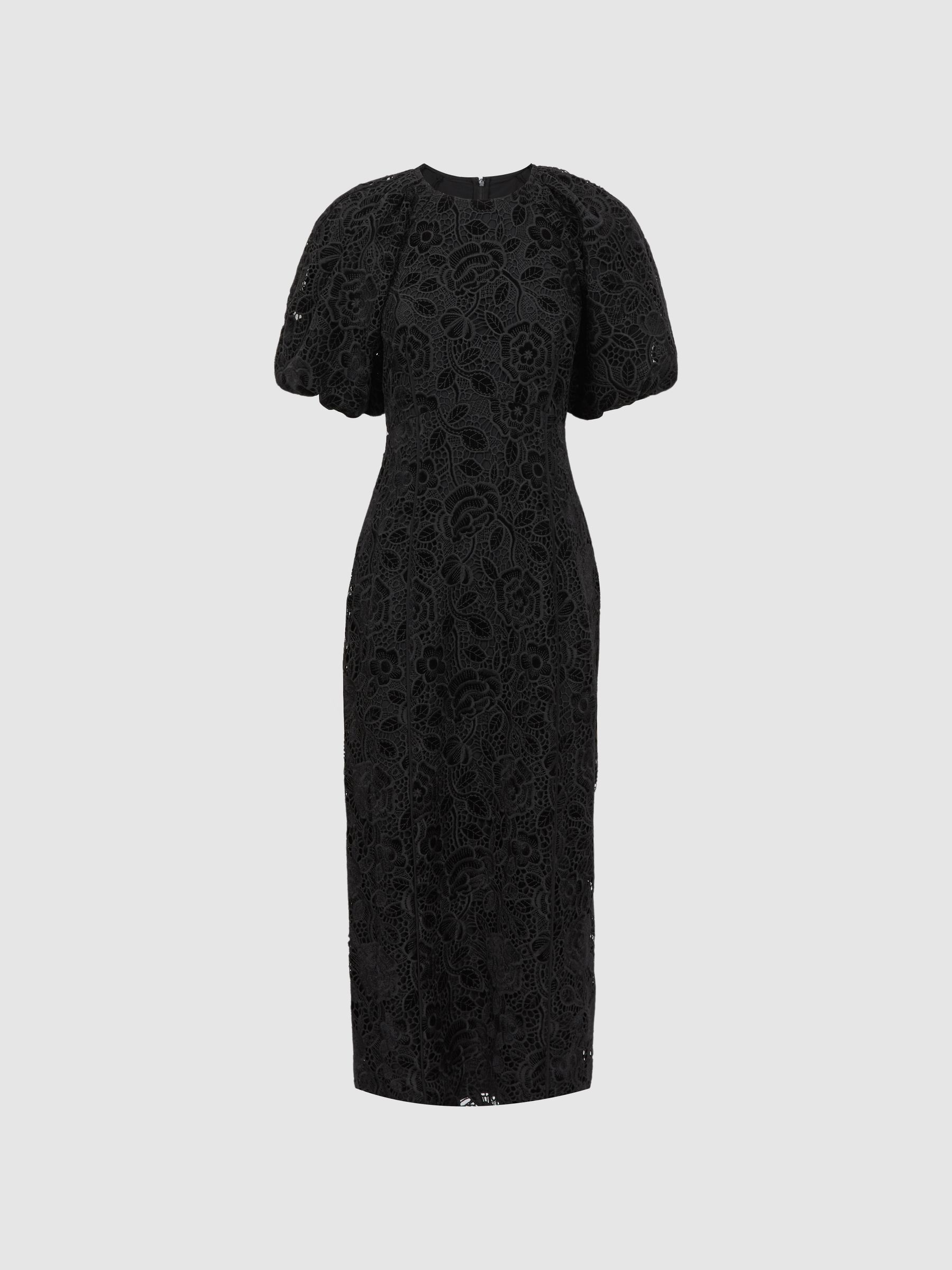 Florere Velvet Lace Puff Sleeve Midi Dress in Black - Image 2 of 6