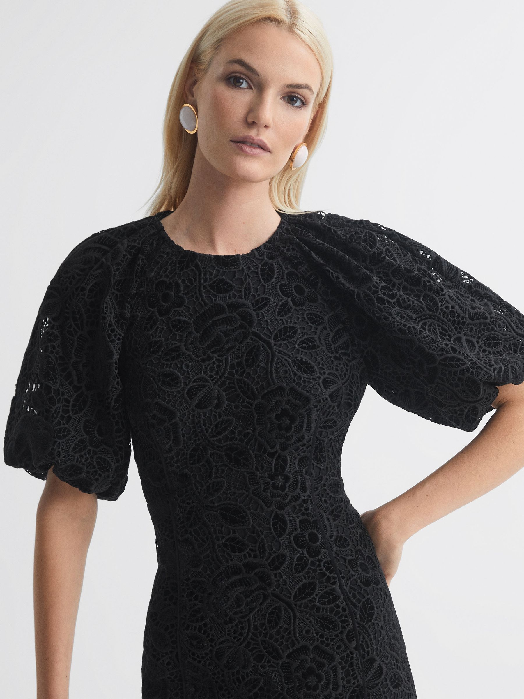 Florere Velvet Lace Puff Sleeve Midi Dress in Black - Image 3 of 6