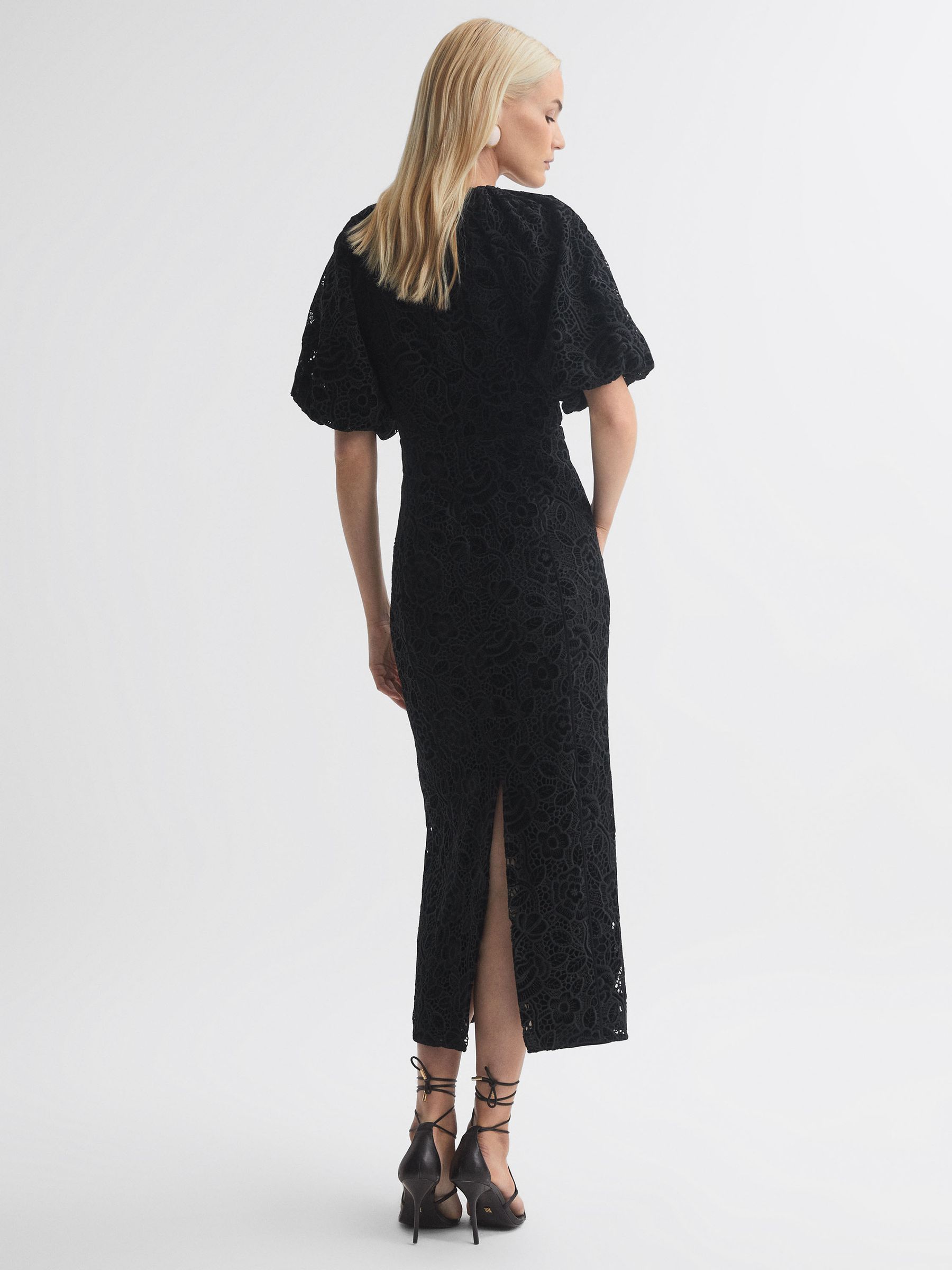 Florere Velvet Lace Puff Sleeve Midi Dress in Black - Image 4 of 6