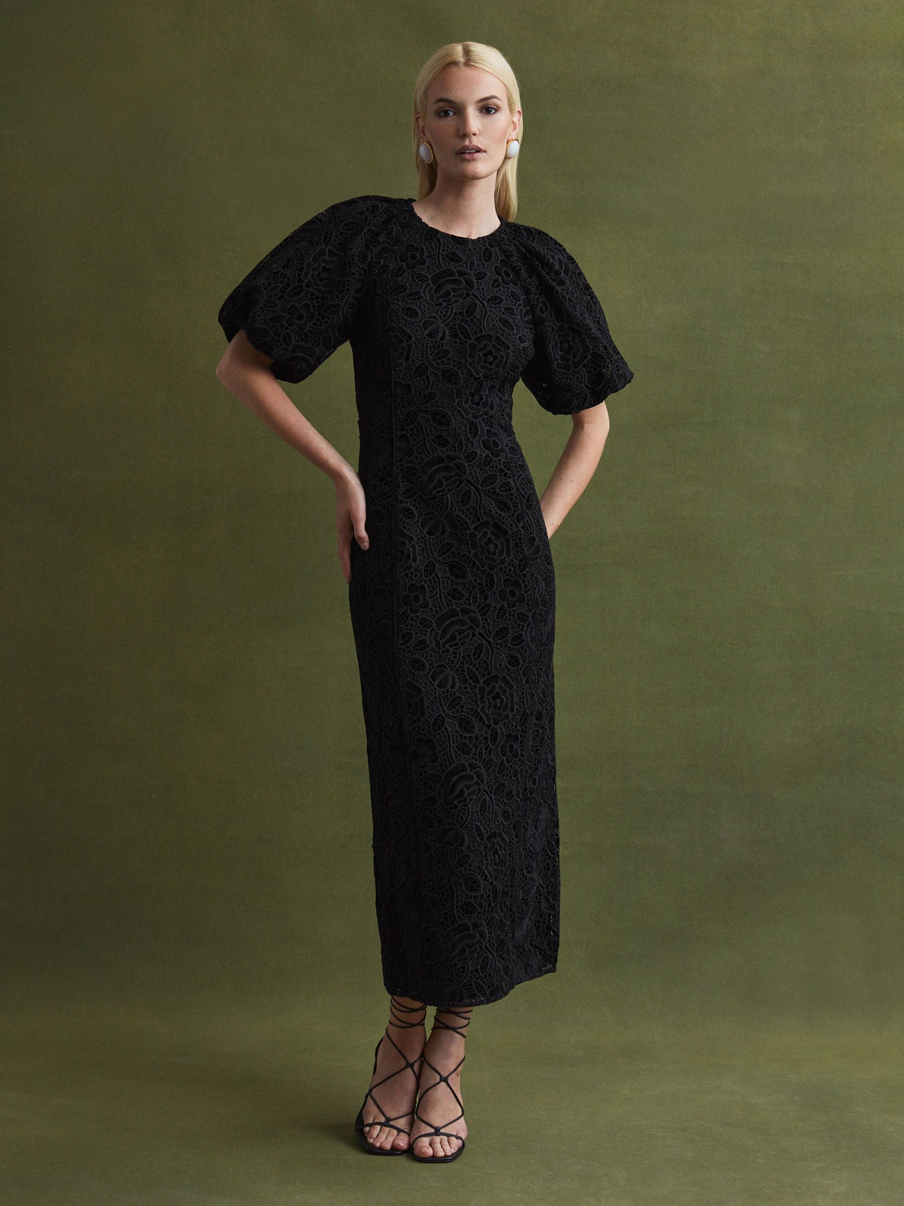 Florere Velvet Lace Puff Sleeve Midi Dress in Black - Image 5 of 6