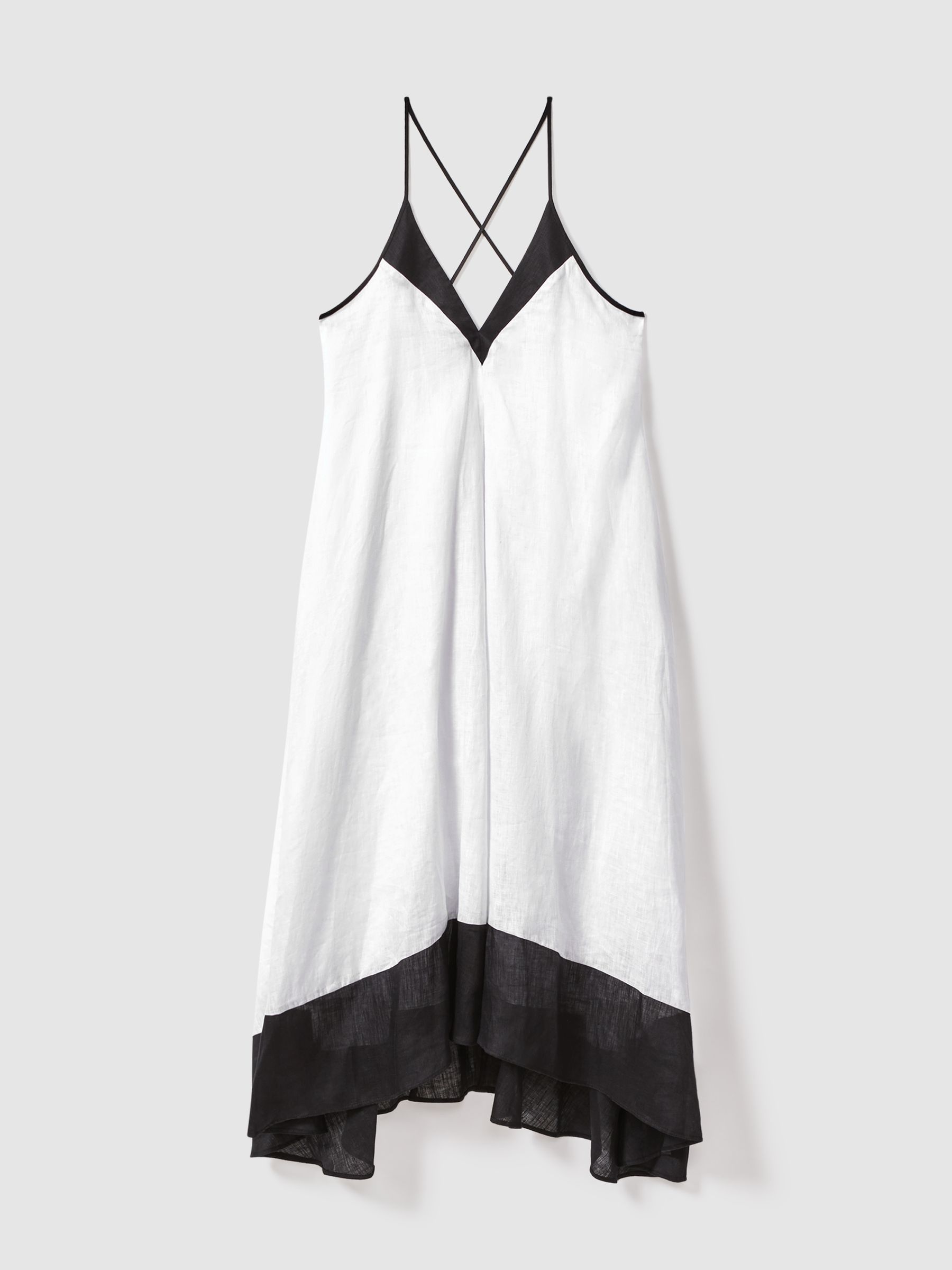 Linen Colourblock Cross-Back Midi Dress in Navy/White - Image 2 of 5