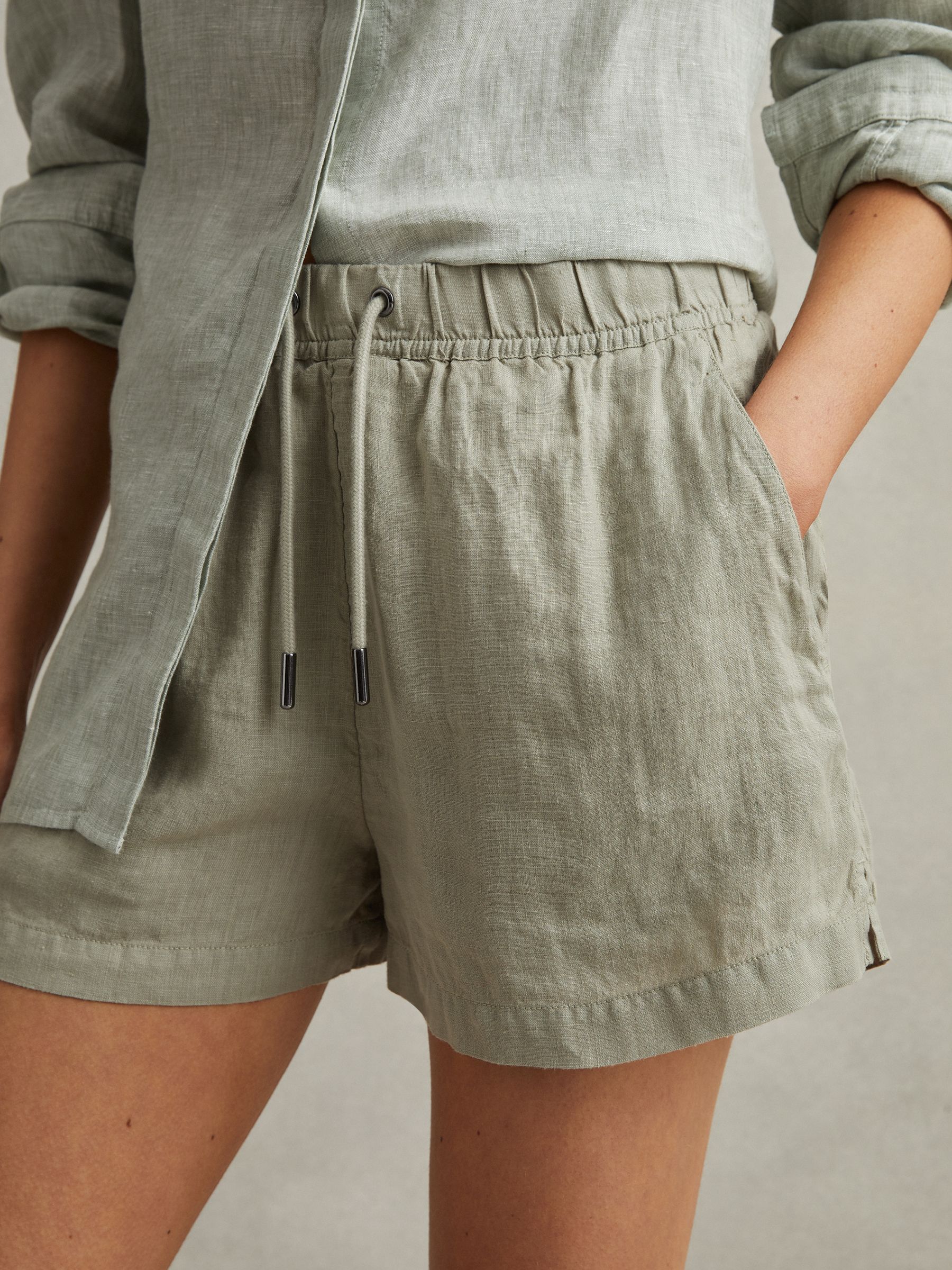 Linen Garment Dyed Drawstring Shorts in Sage - Image 1 of 6