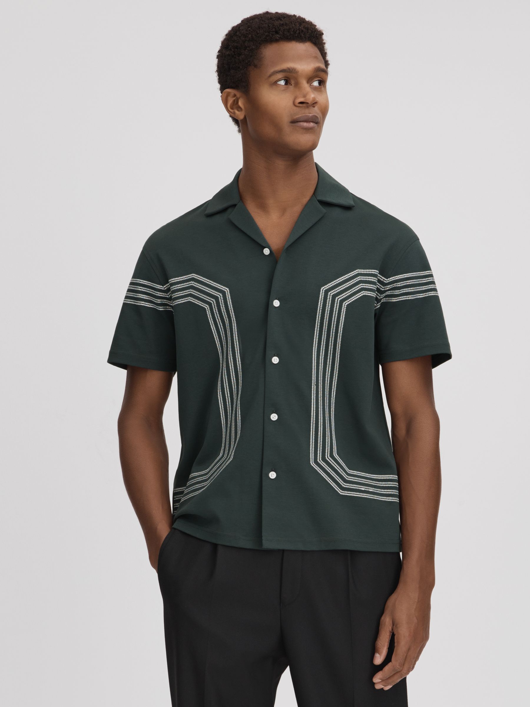 Mercerised Cotton Embroidered Cuban Collar Shirt in Emerald - Image 1 of 6