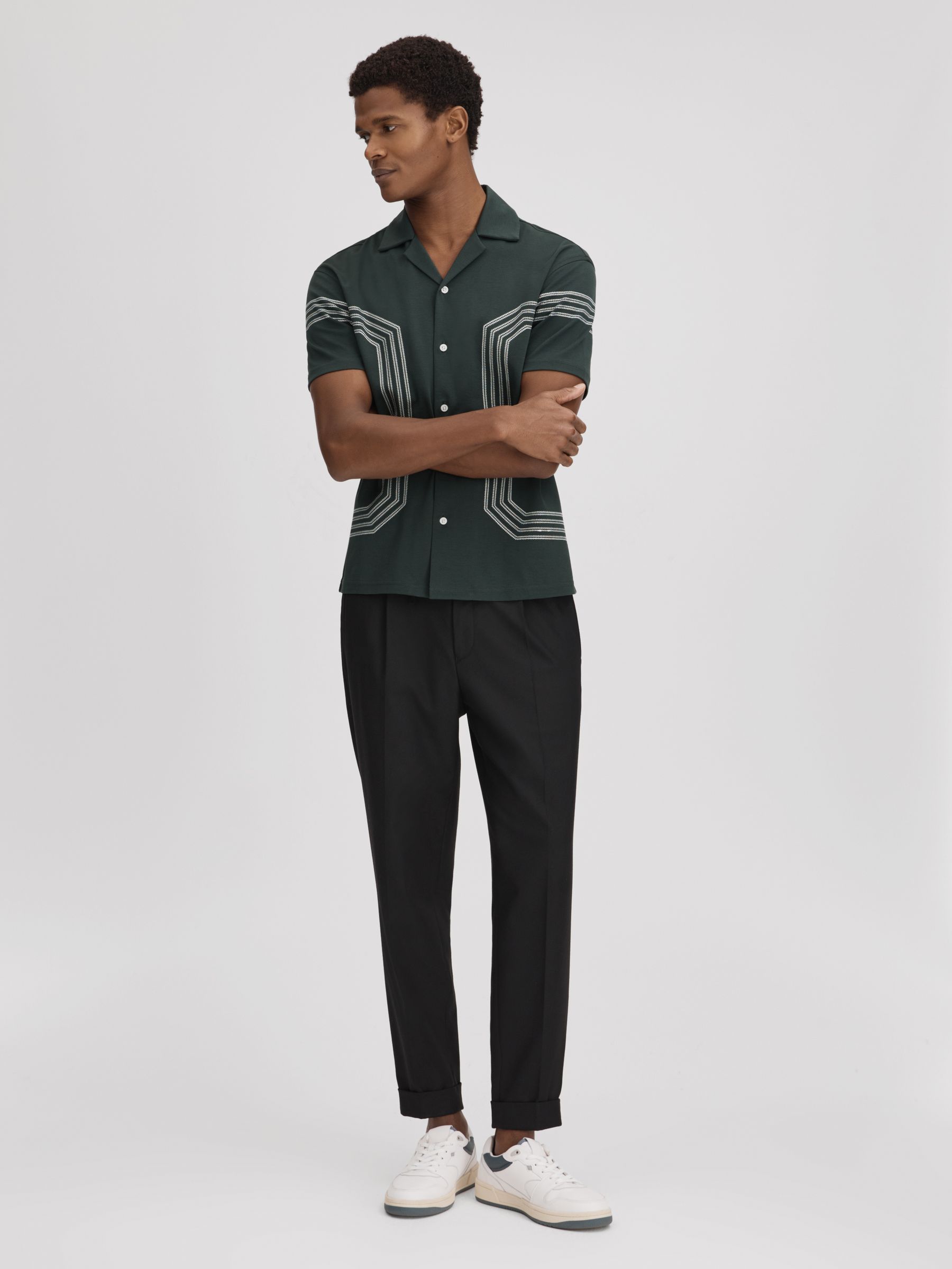 Mercerised Cotton Embroidered Cuban Collar Shirt in Emerald - Image 3 of 6