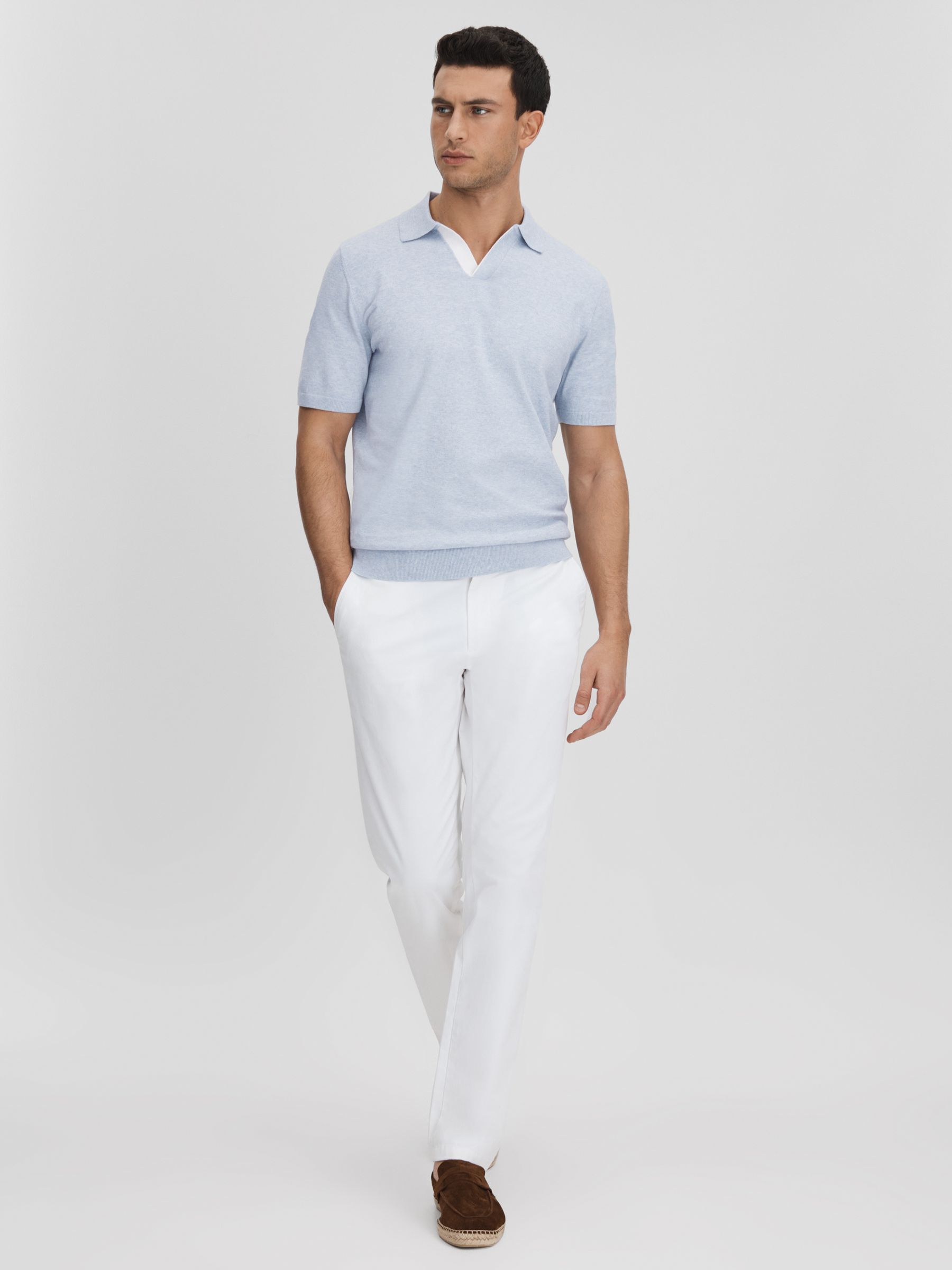 Cotton Blend Contrast Open Collar Shirt in Soft Blue - Image 1 of 6