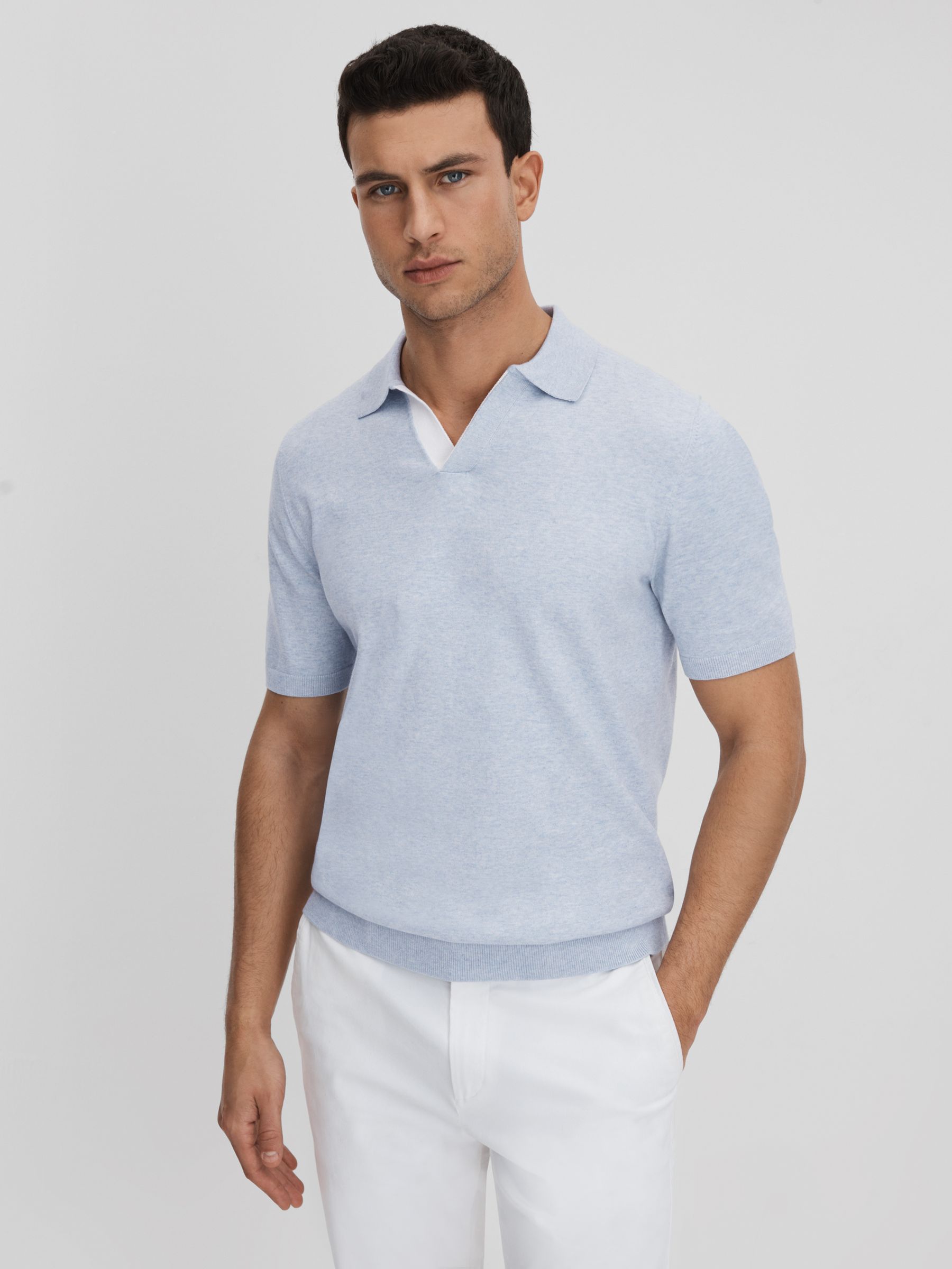 Cotton Blend Contrast Open Collar Shirt in Soft Blue - Image 3 of 6