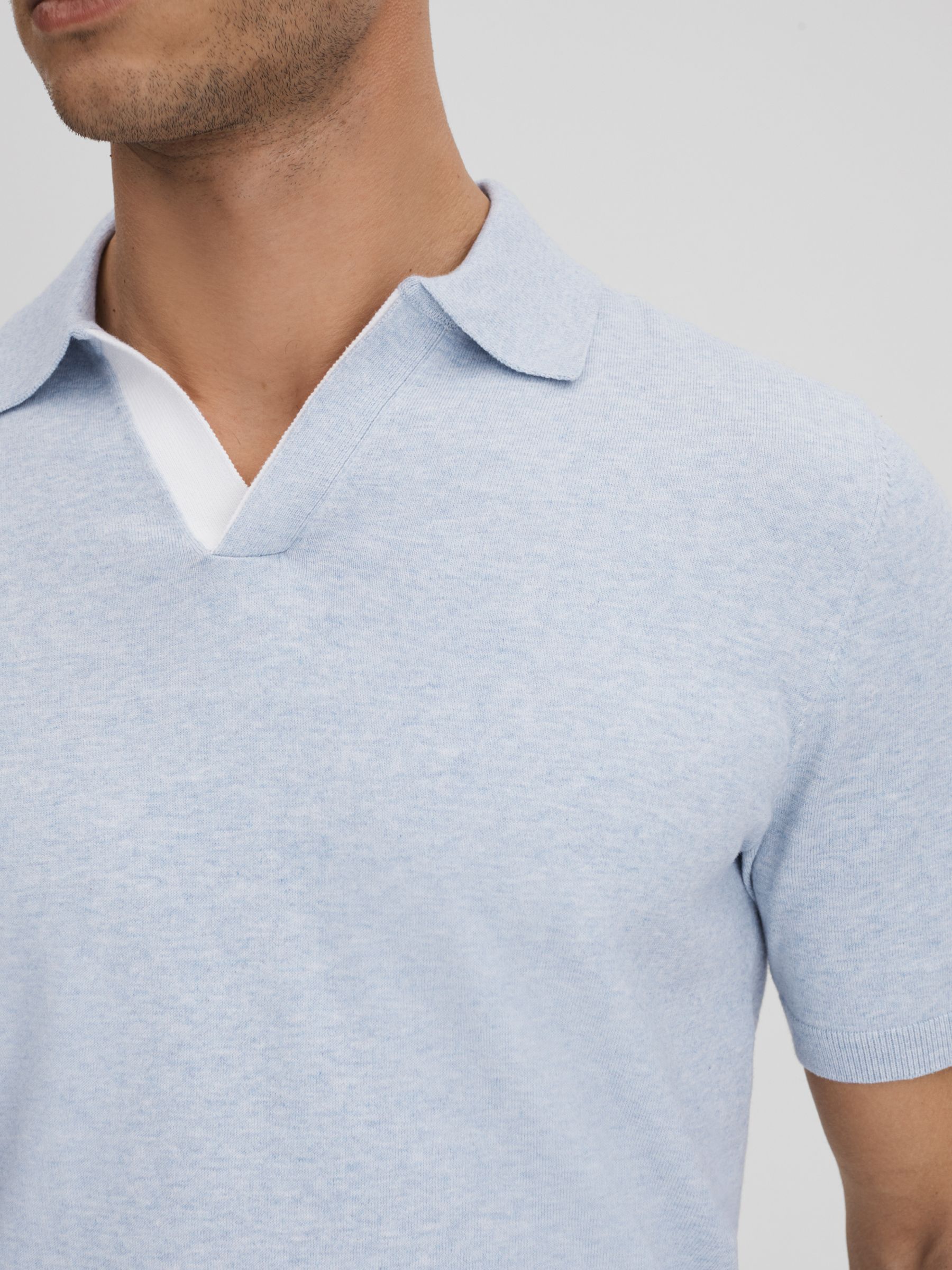 Cotton Blend Contrast Open Collar Shirt in Soft Blue - Image 4 of 6