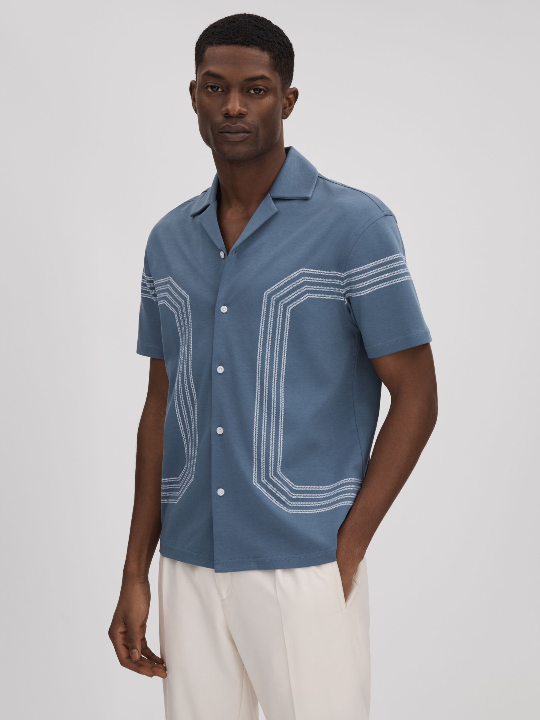 Mercerised Cotton Embroidered Cuban Collar Shirt in Airforce Blue - Image 1 of 1