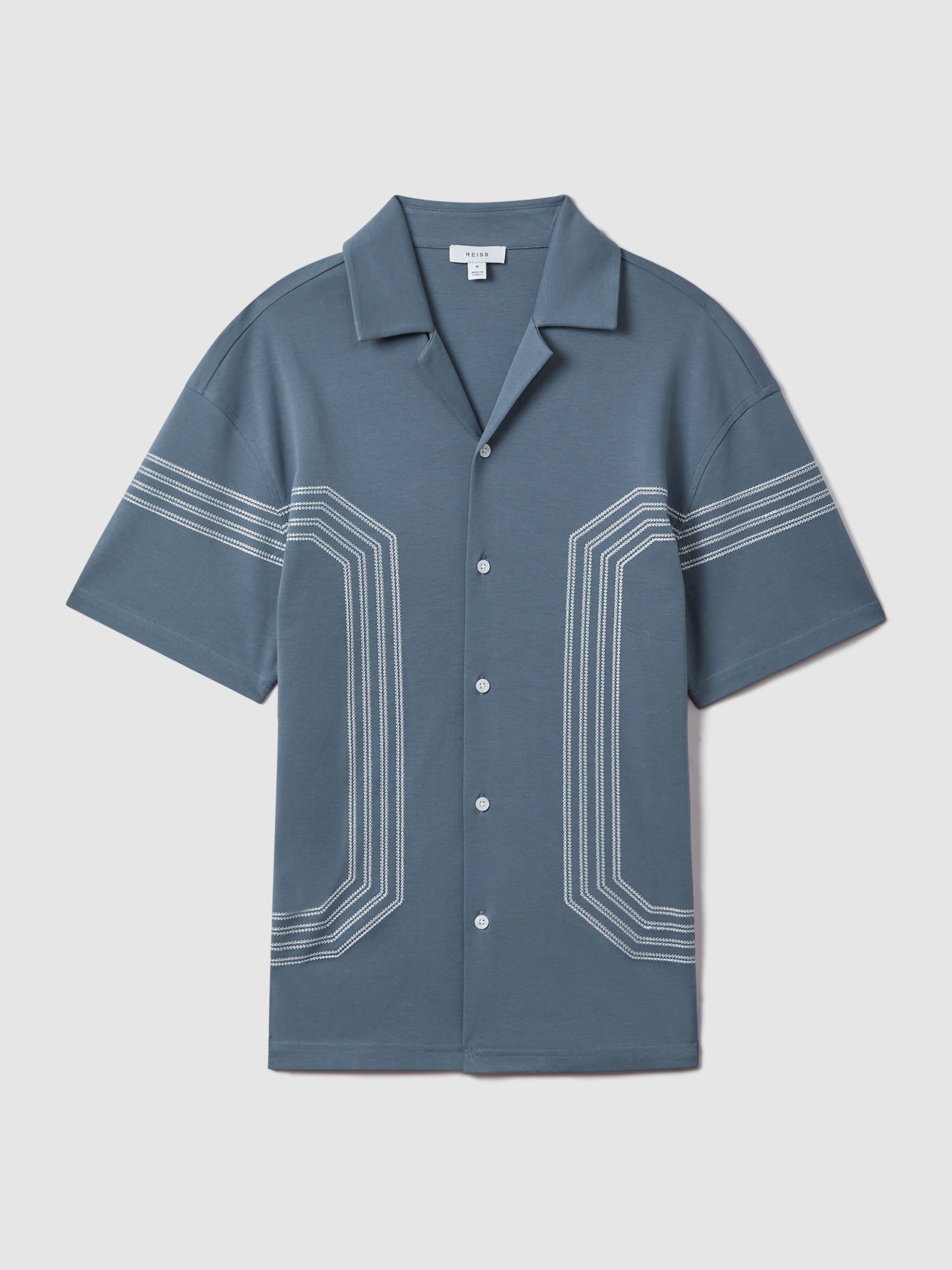 Mercerised Cotton Embroidered Cuban Collar Shirt in Airforce Blue - Image 2 of 6
