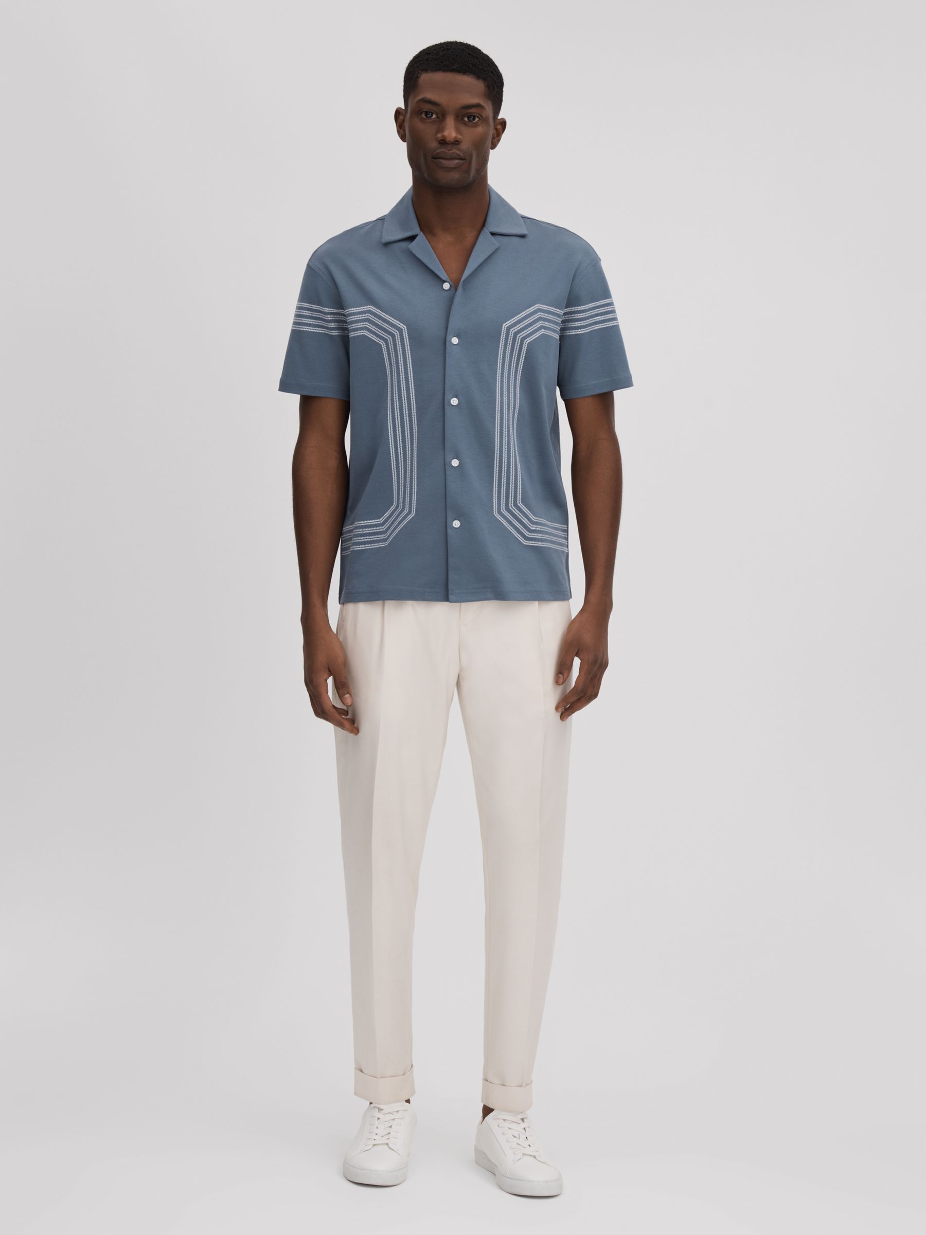Mercerised Cotton Embroidered Cuban Collar Shirt in Airforce Blue - Image 3 of 6