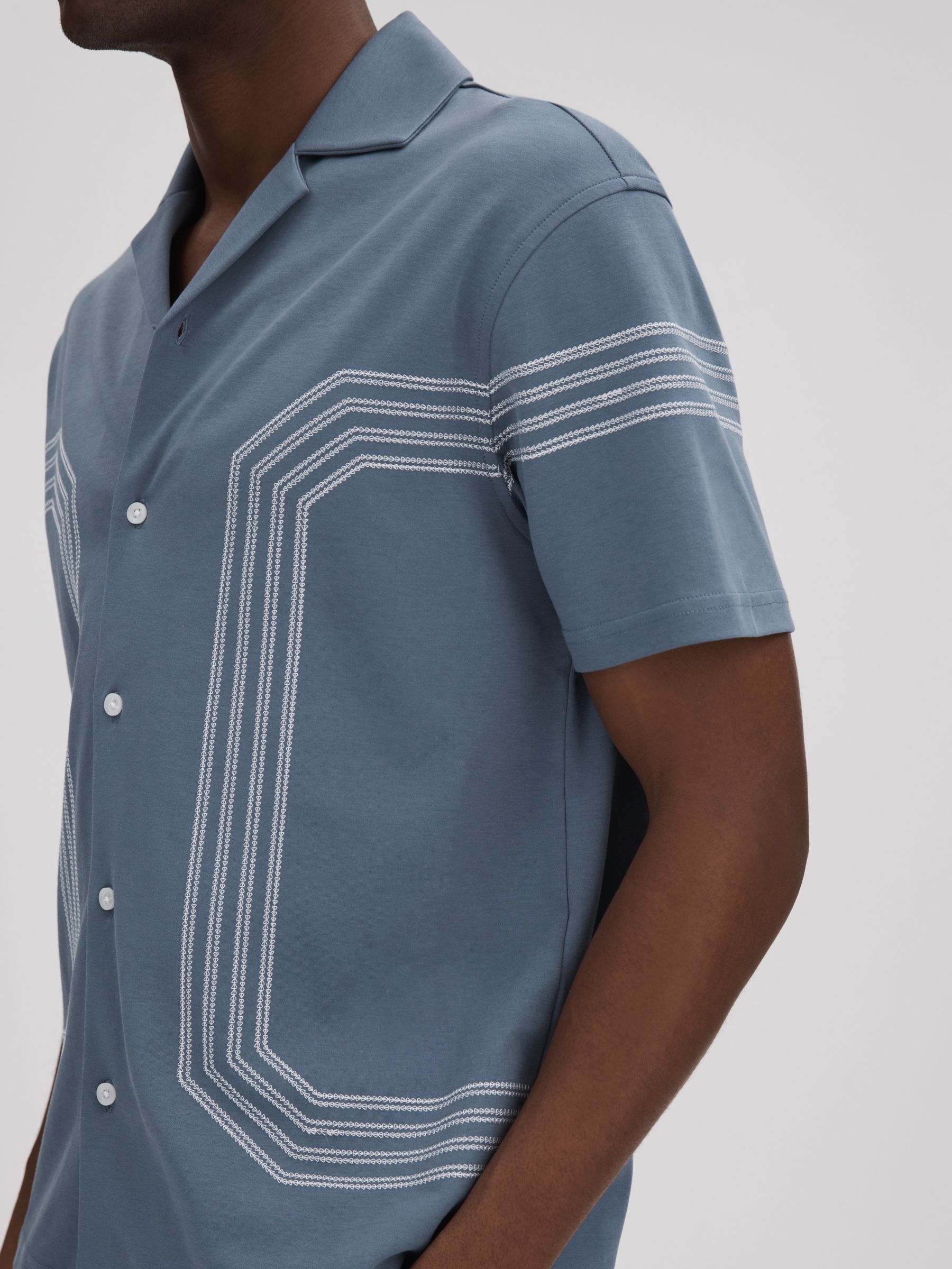Mercerised Cotton Embroidered Cuban Collar Shirt in Airforce Blue - Image 4 of 6