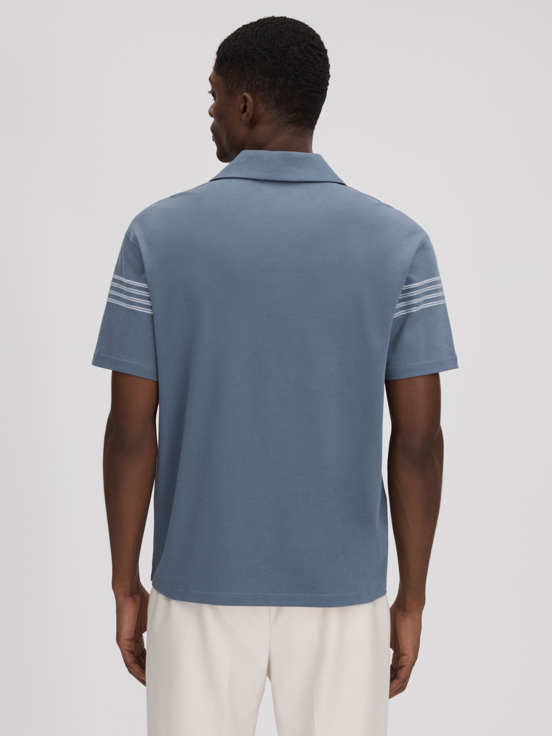 Mercerised Cotton Embroidered Cuban Collar Shirt in Airforce Blue - Image 5 of 6