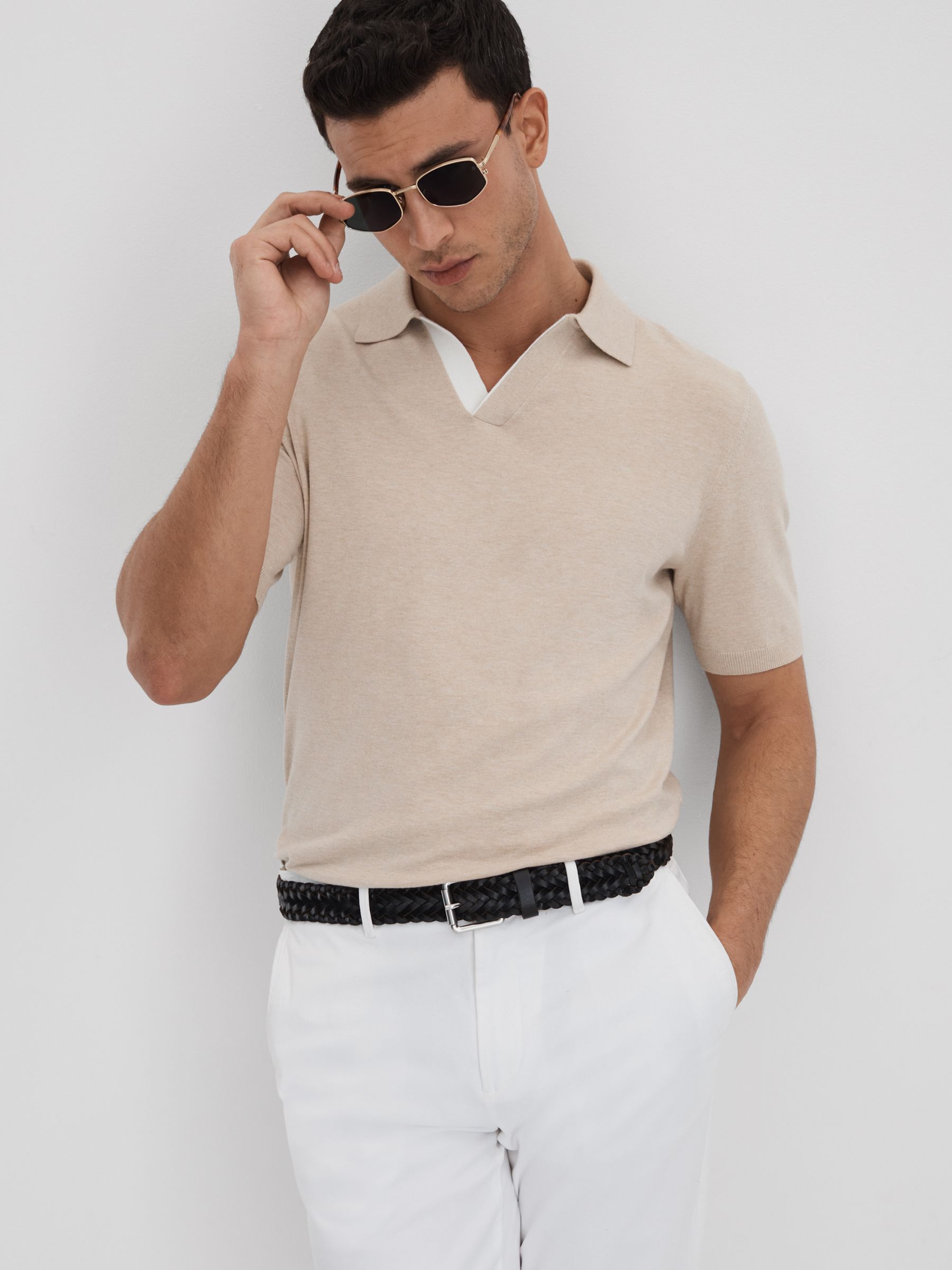Cotton Blend Contrast Open Collar Shirt in Camel - Image 1 of 6