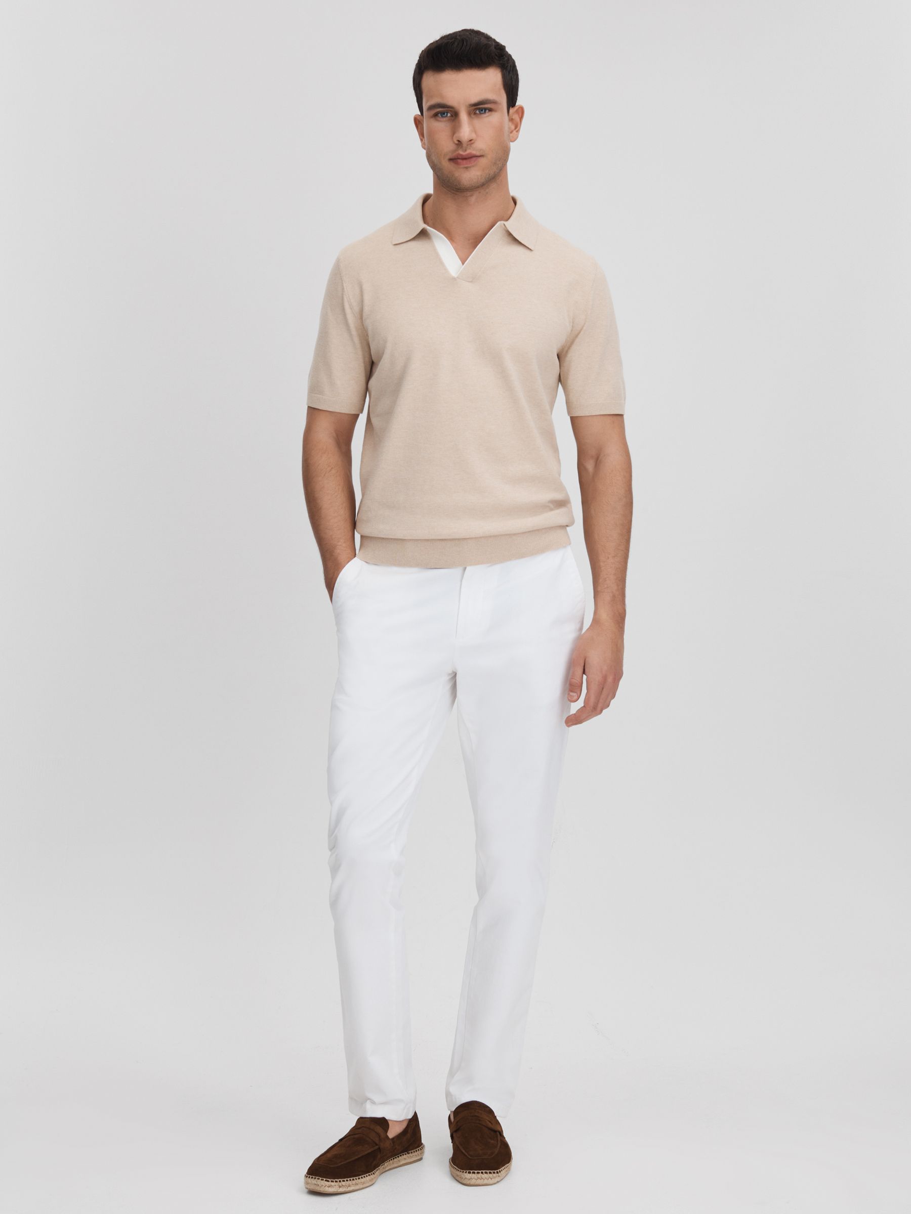 Cotton Blend Contrast Open Collar Shirt in Camel - Image 3 of 6