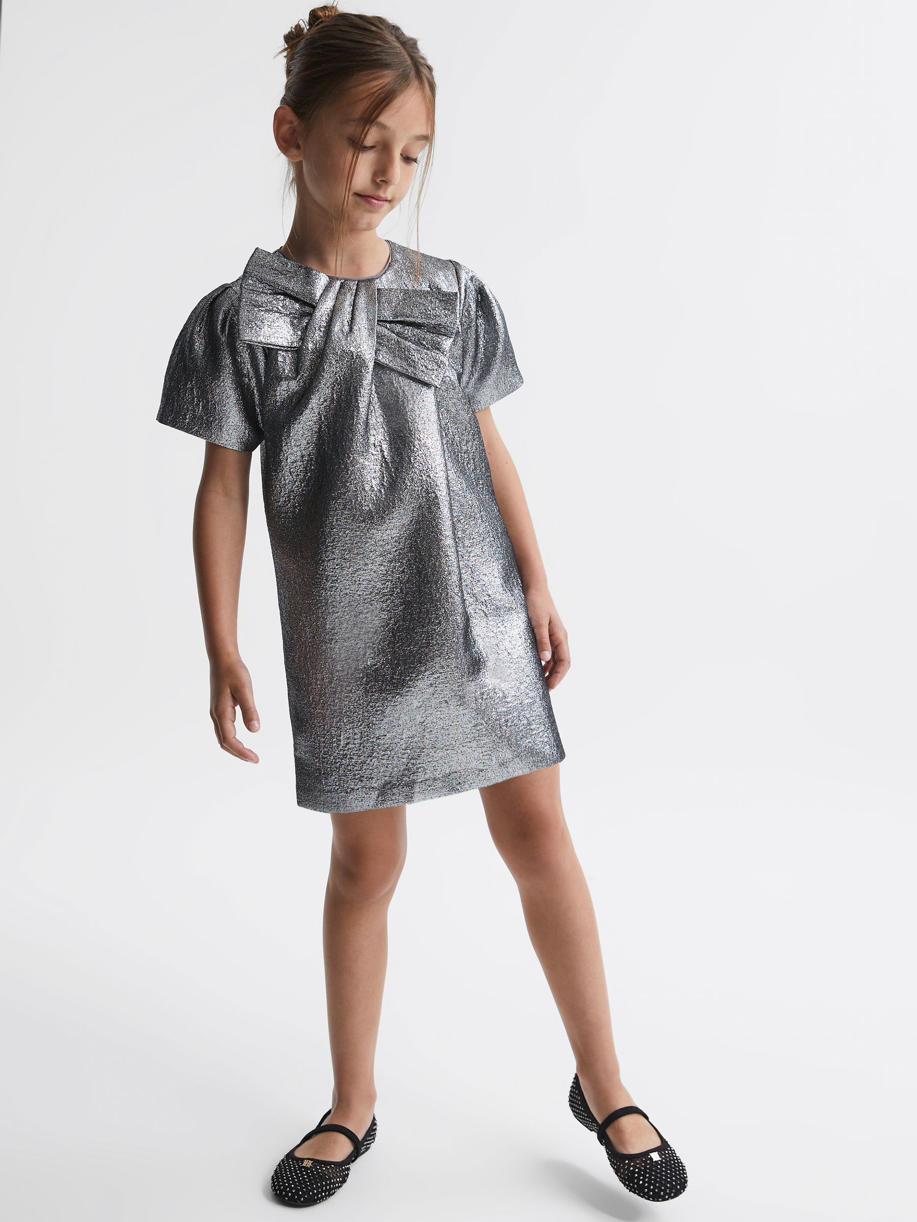 Metallic Bow Dress in Silver - Image 3 of 6