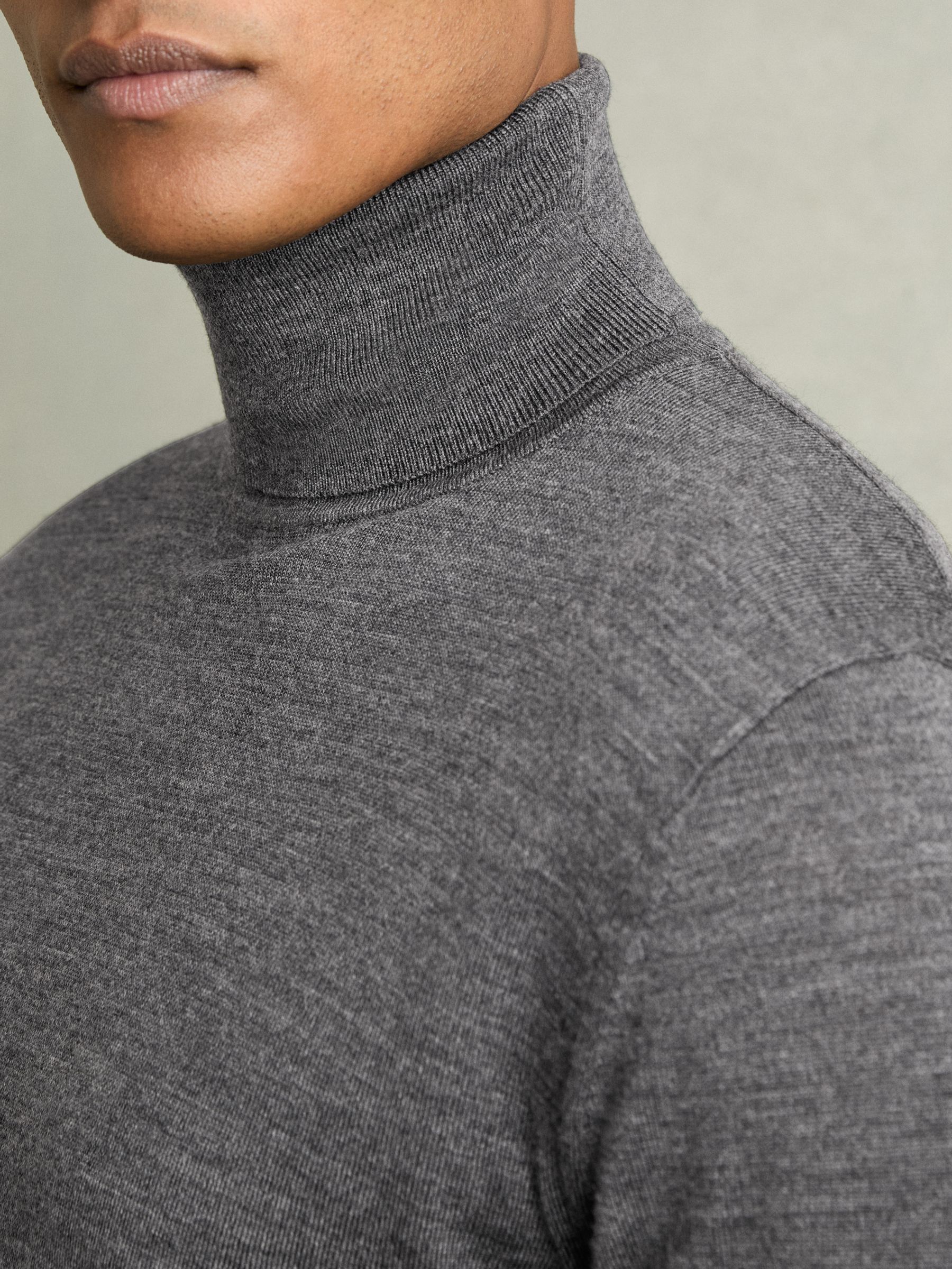 Slim Fit Merino Wool Roll Neck Jumper in Derby Grey Marl - Image 3 of 7