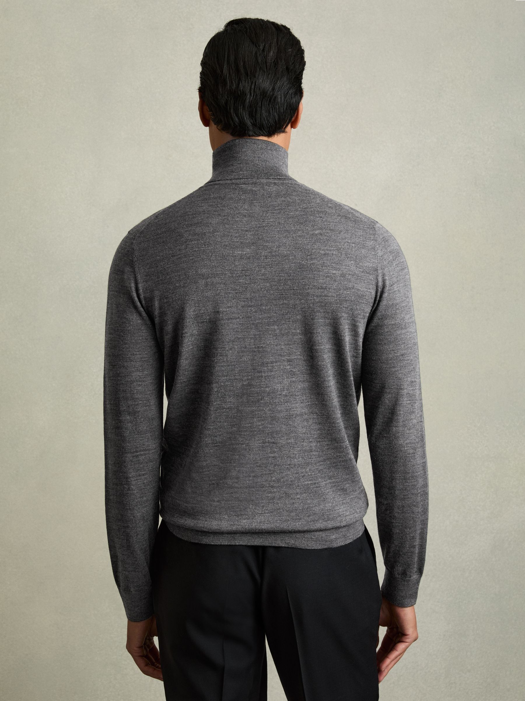 Slim Fit Merino Wool Roll Neck Jumper in Derby Grey Marl - Image 4 of 7