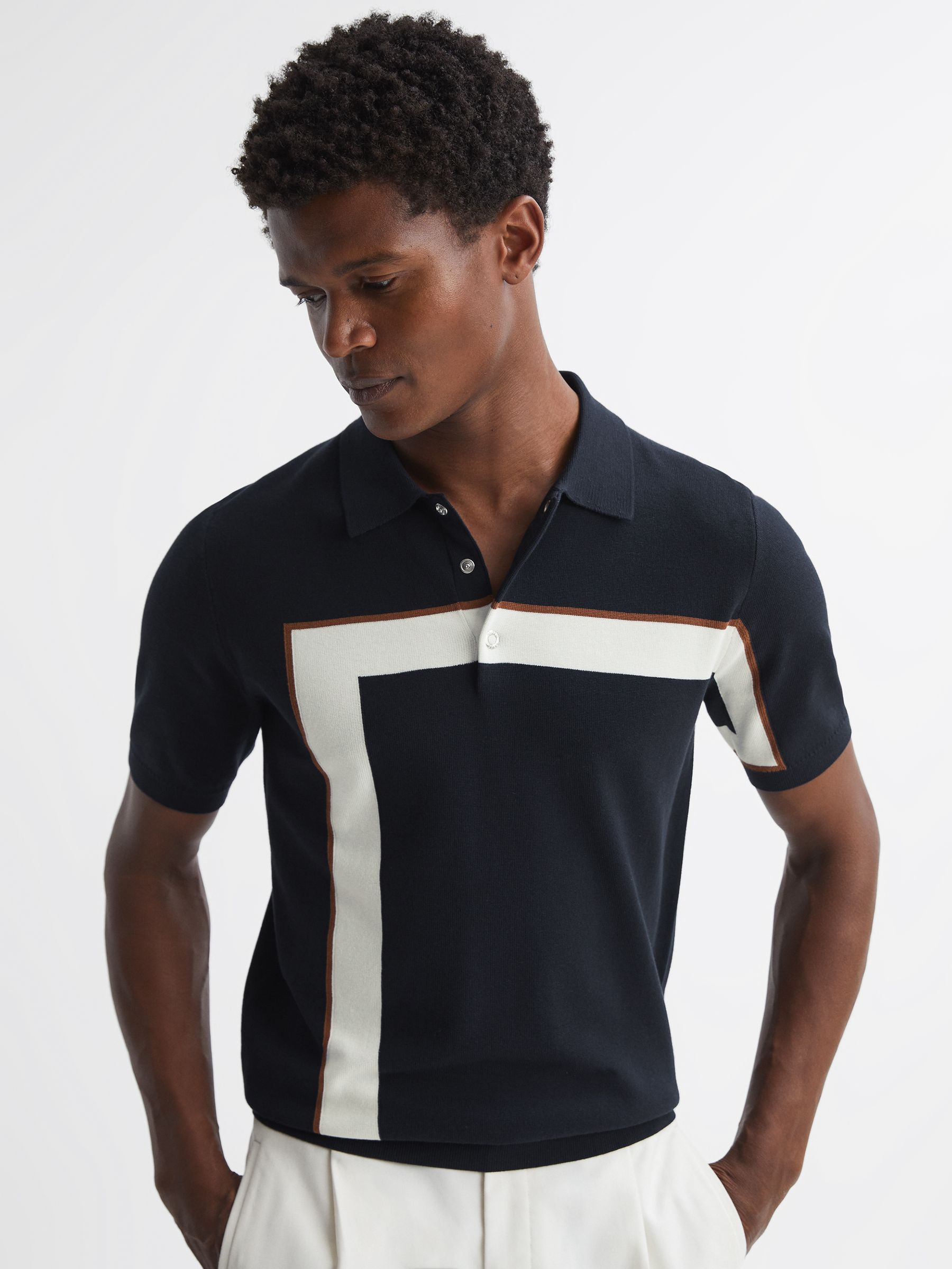 Striped Polo T-Shirt in Navy - Image 1 of 4
