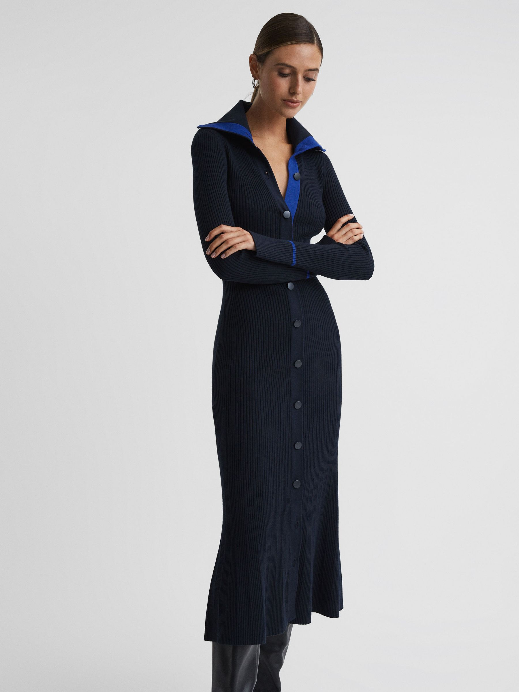 Petite Knitted Ribbed Midi Dress in Navy/Blue - Image 1 of 6