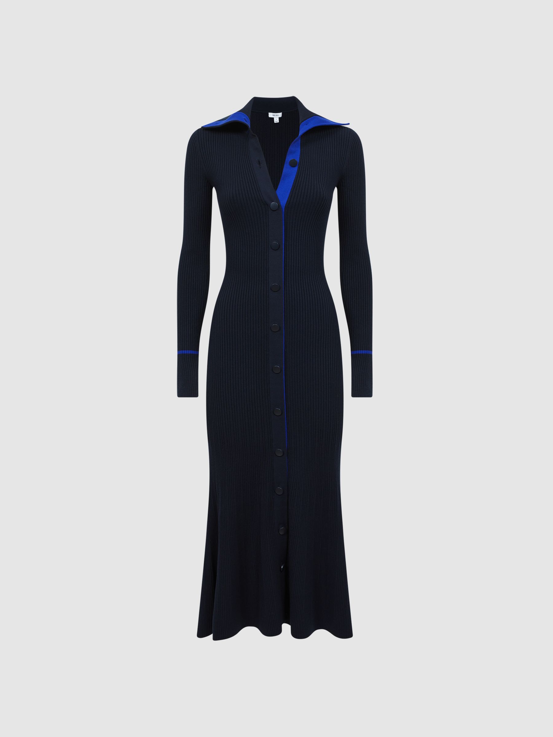 Petite Knitted Ribbed Midi Dress in Navy/Blue - Image 2 of 6