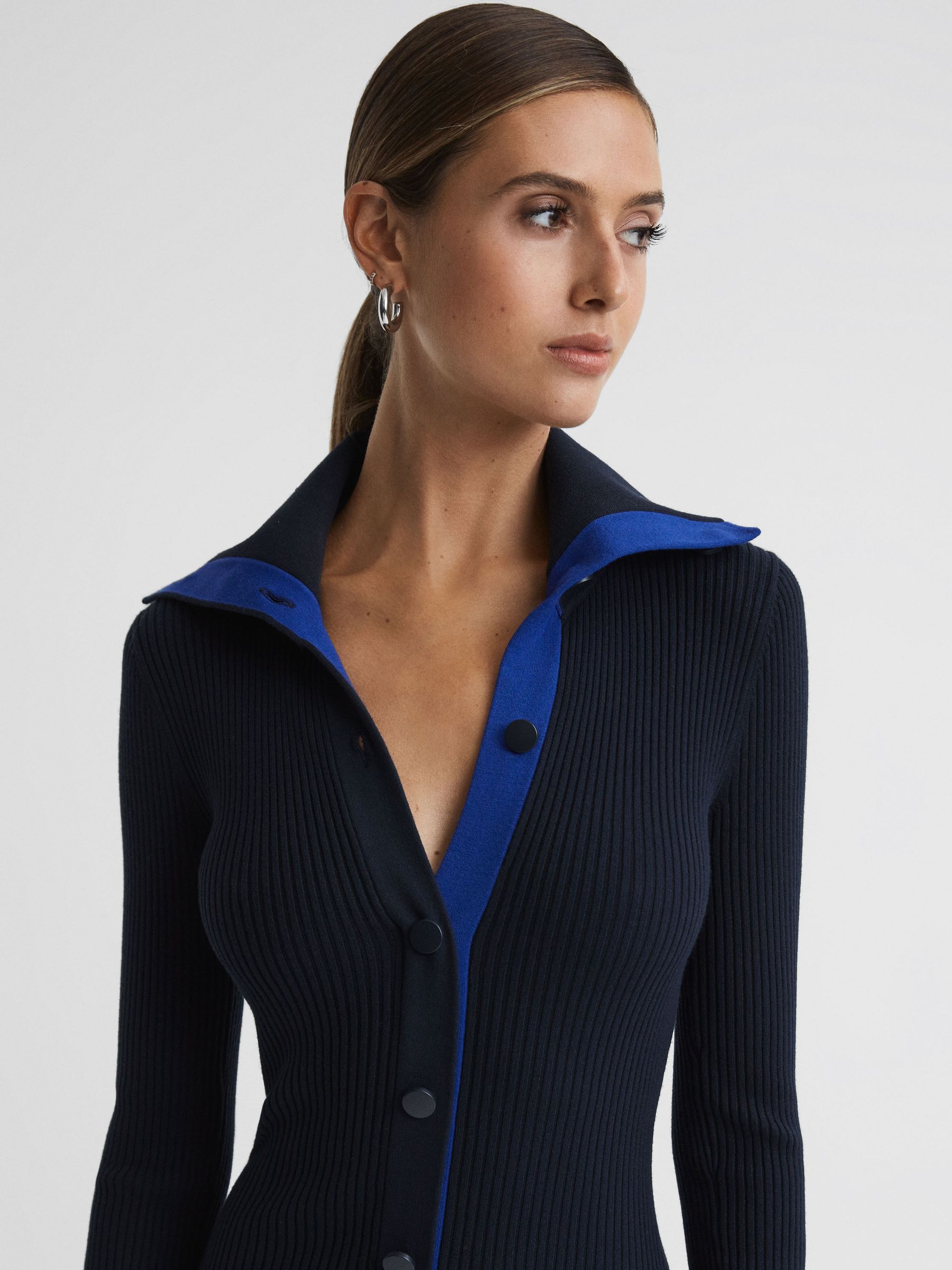 Petite Knitted Ribbed Midi Dress in Navy/Blue - Image 4 of 6